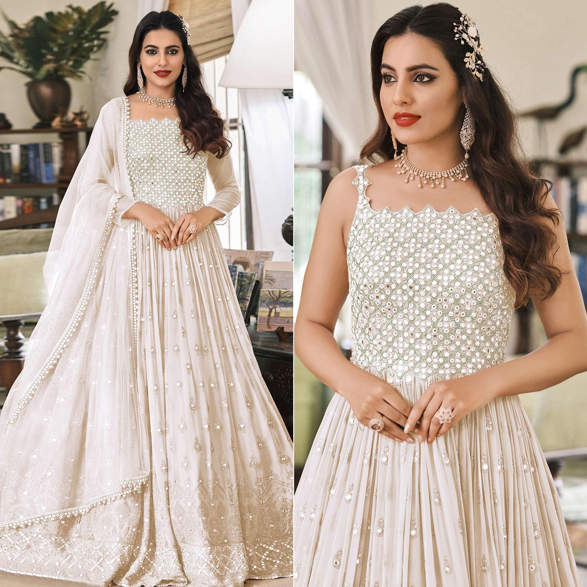 Peachmode Cream Embroidered Georgette Gown