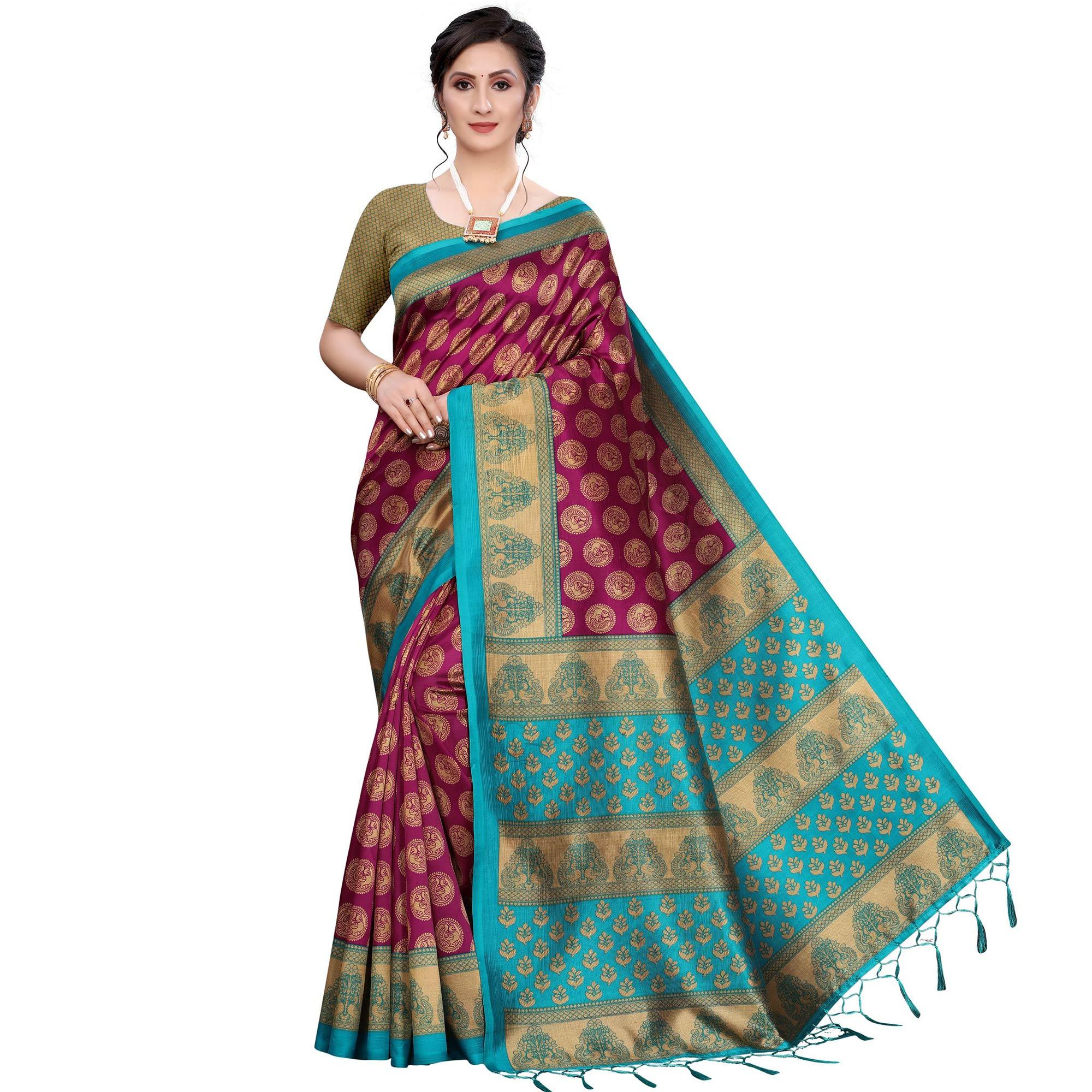 Peachmode Dark Purple Festive Wear Printed Art Silk Saree With Tassels