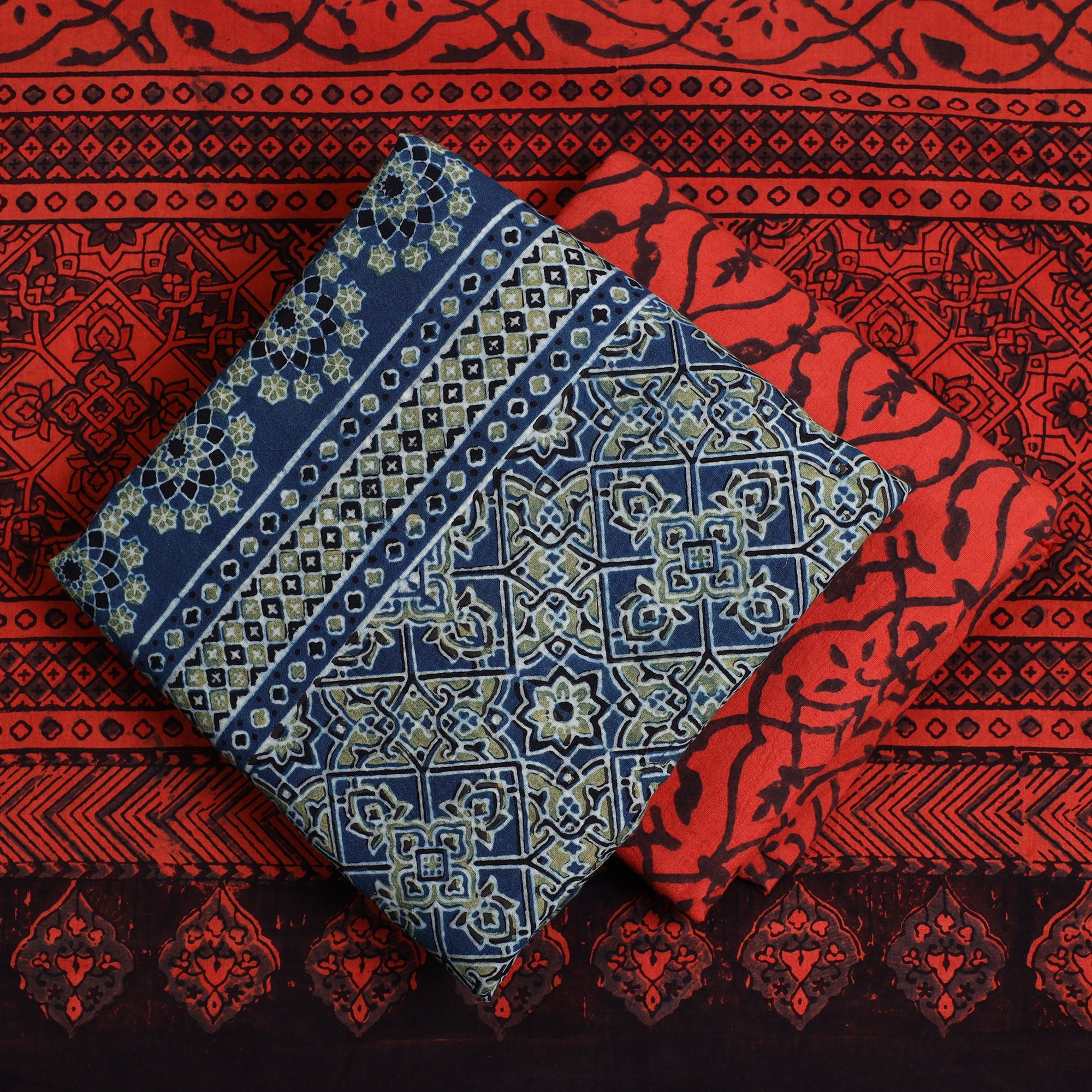 AJRAKH BY JABBAR KHATRI Blue - 3pc Ajrakh Block Printed Natural Dyed Cotton Suit Material Set 15 - view 2