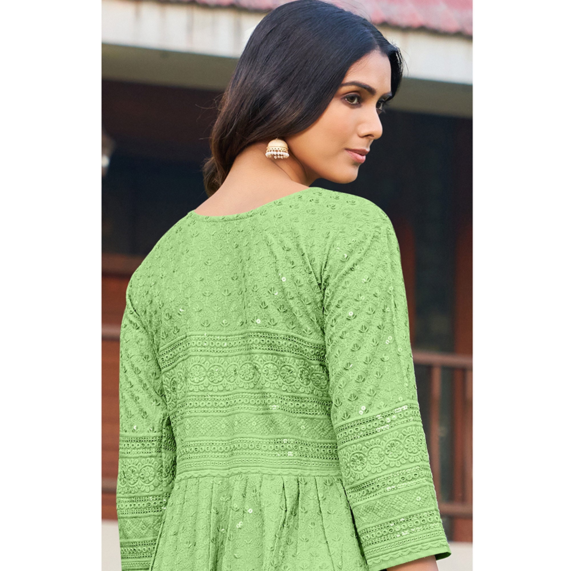 Peachmode Seller Mint Green Sequins Embroidered Rayon Naira Cut Kurti - view 3
