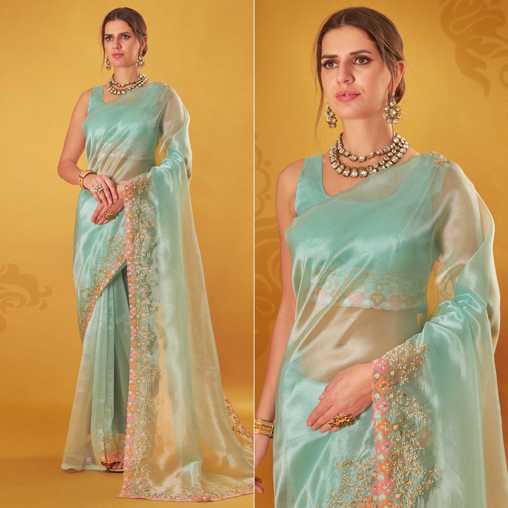 Peachmode Light Blue Embroidered Organza Saree