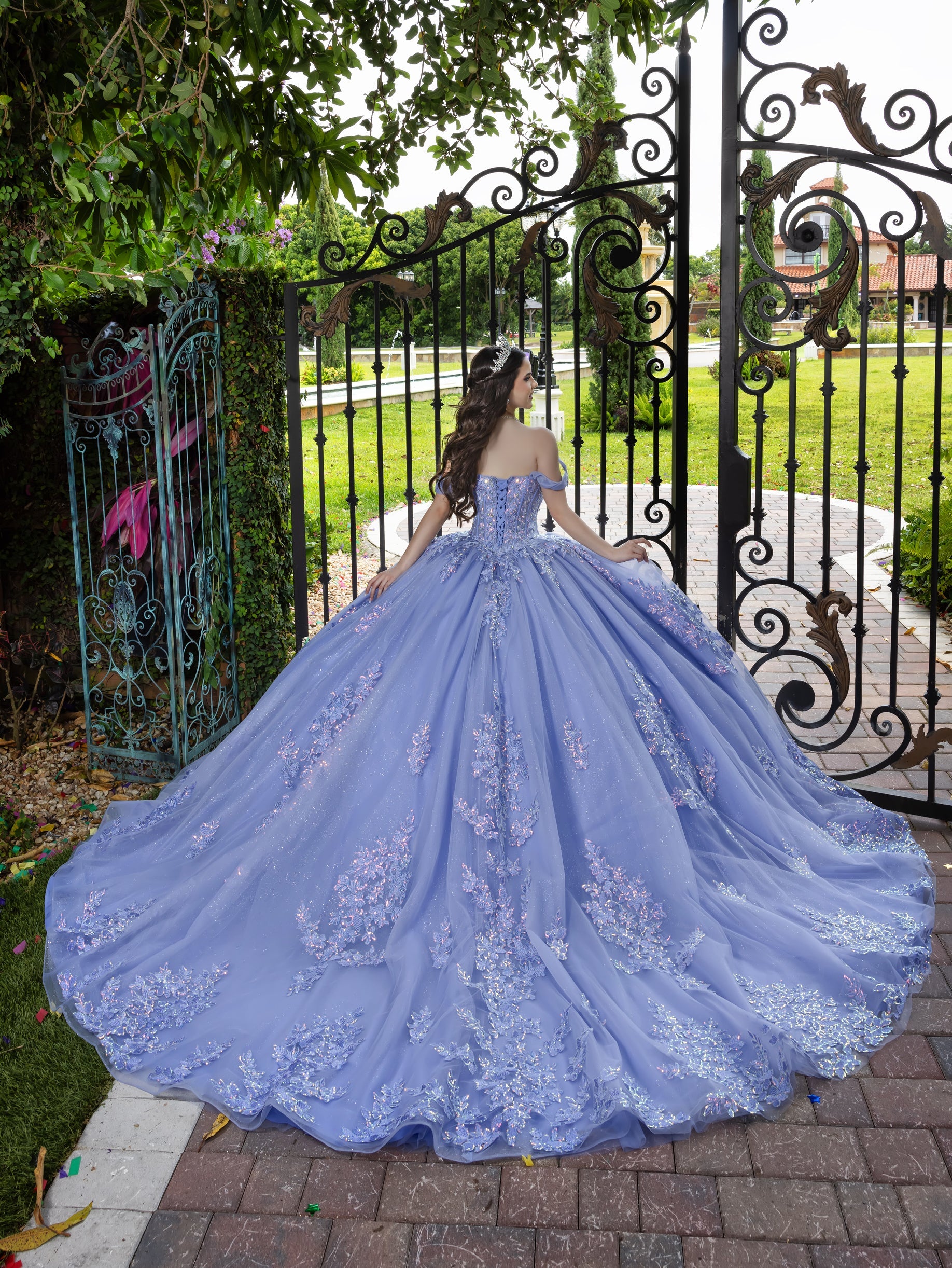 House of Wu Fiesta Gowns 3D Floral Off Shoulder Ball Gown by LizLuo Fiesta 56529 - view 5