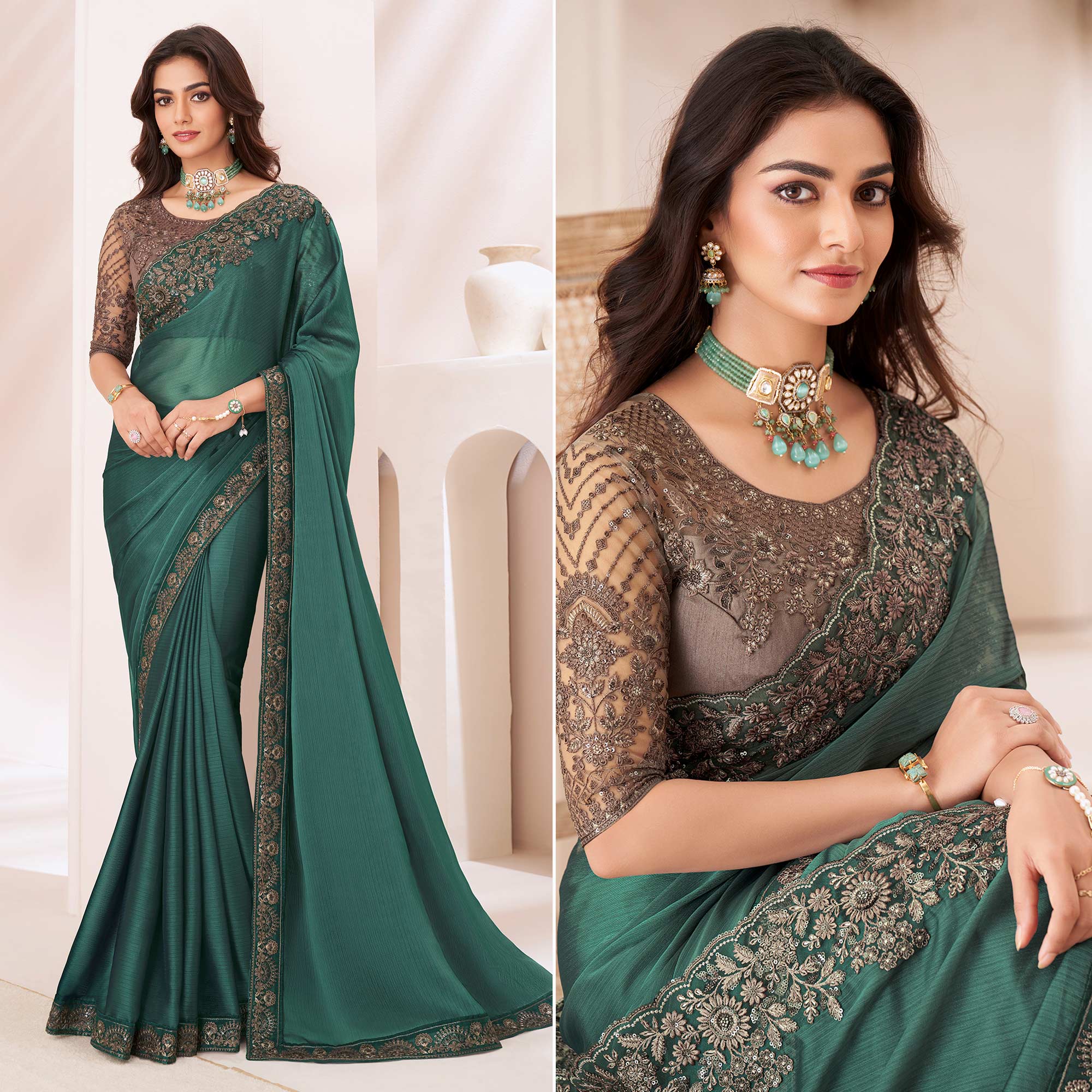 Green sarees – BlackTree green-embroidered-georgette-saree-6