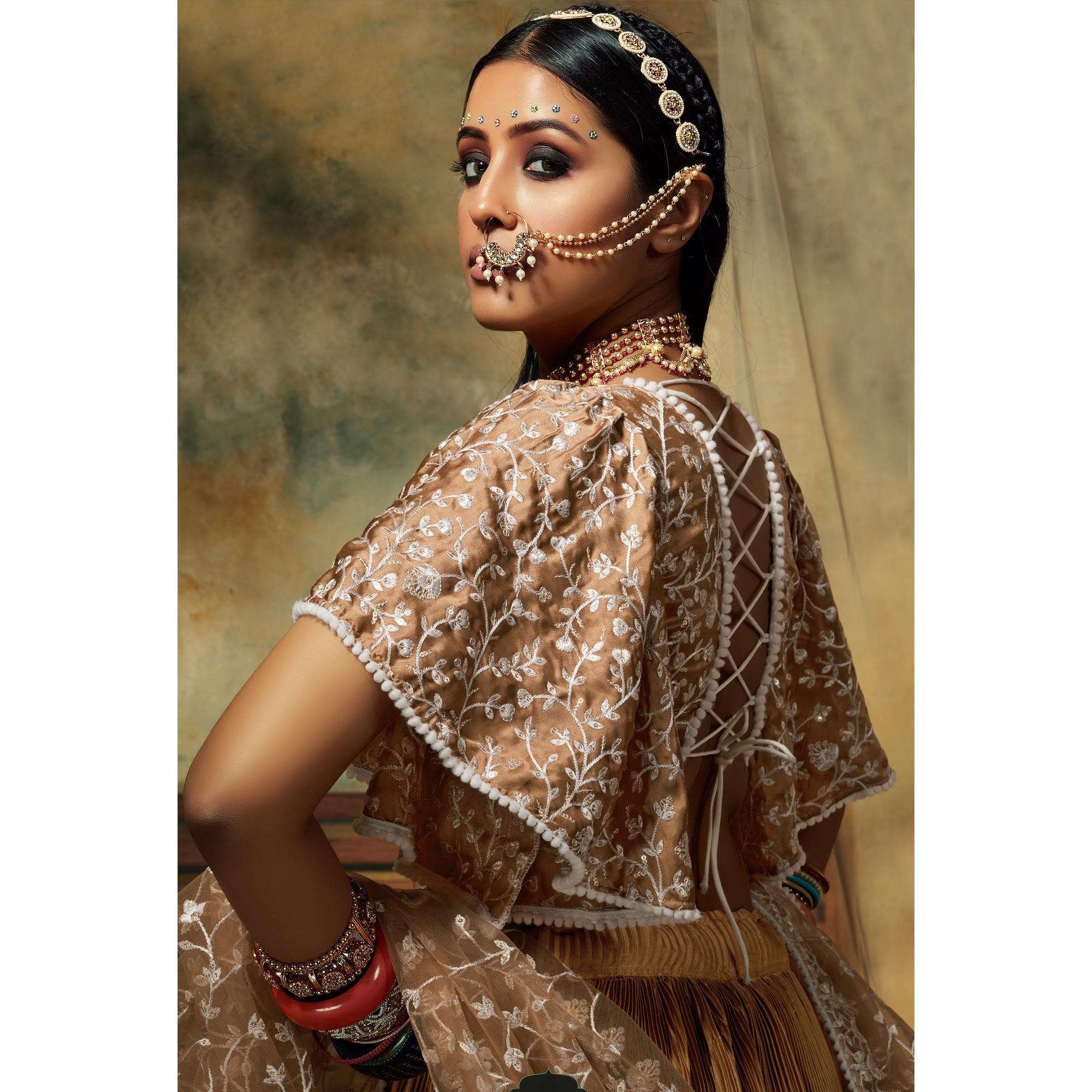 Peachmode Brown Solid Satin Lehenga Choli – Women's - view 6