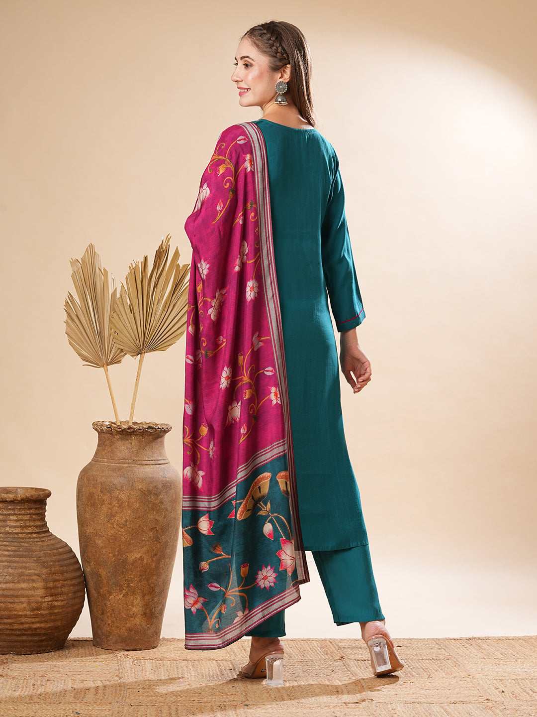 Fashor Solid Mirror Embellished Kurta with Pants & Floral Dupatta - Teal - view 6