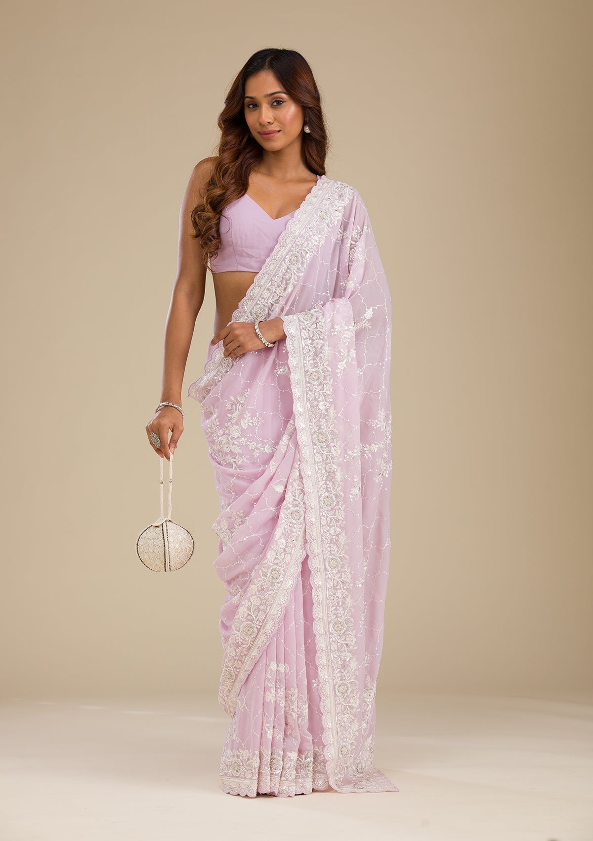 Koskii Lavender Threadwork Chiffon Saree – Women's