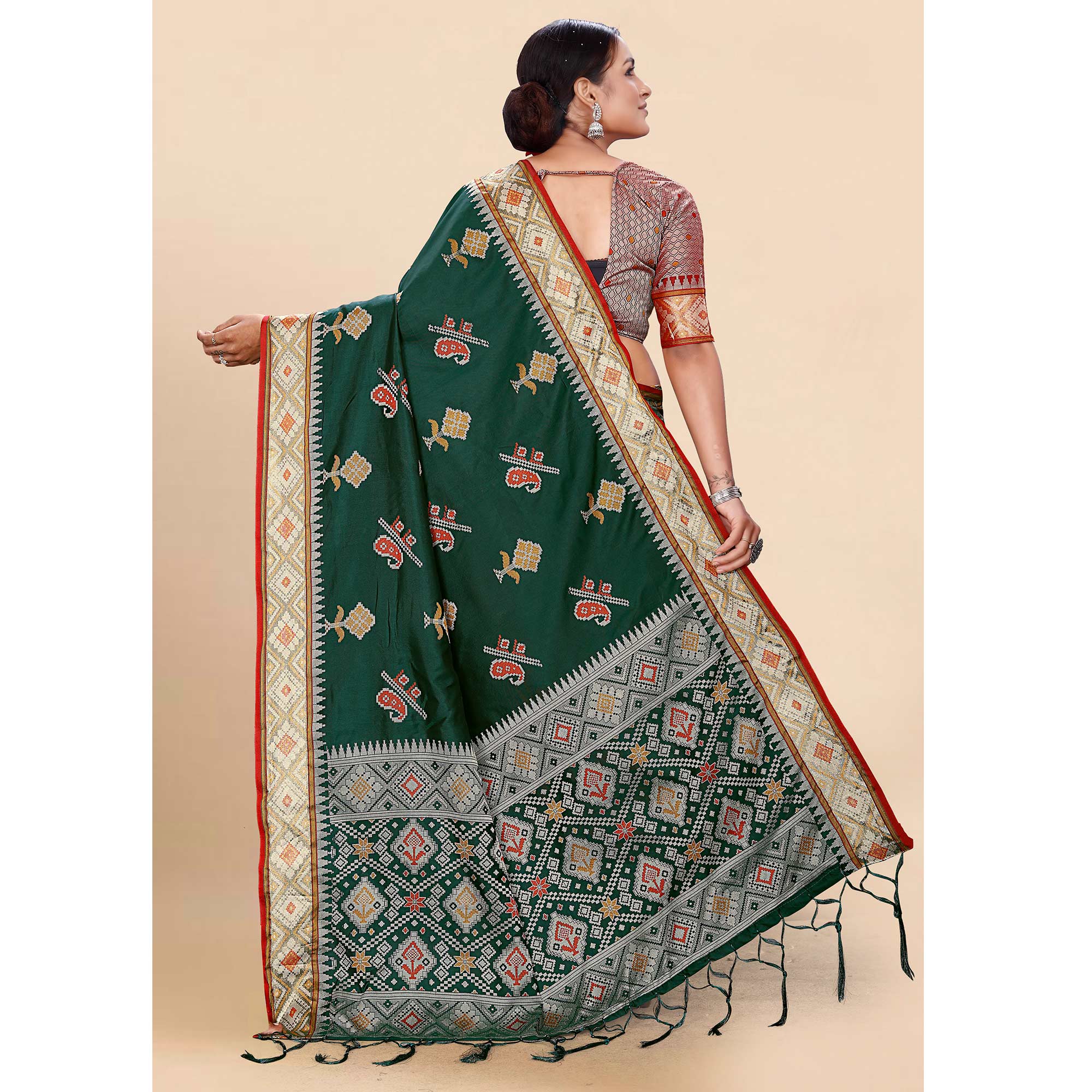 Peachmode Dark Green Woven Patola Art Silk Saree With Tassels - view 6