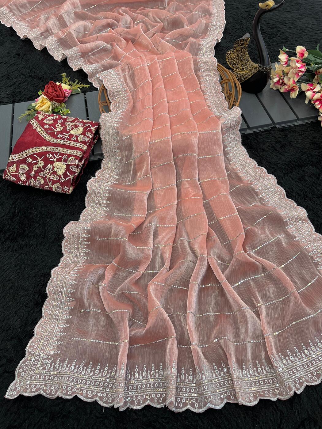 Shubh Sumptuous Peach Embroidery Work Organza Silk Saree With Designer Blouse Piece
