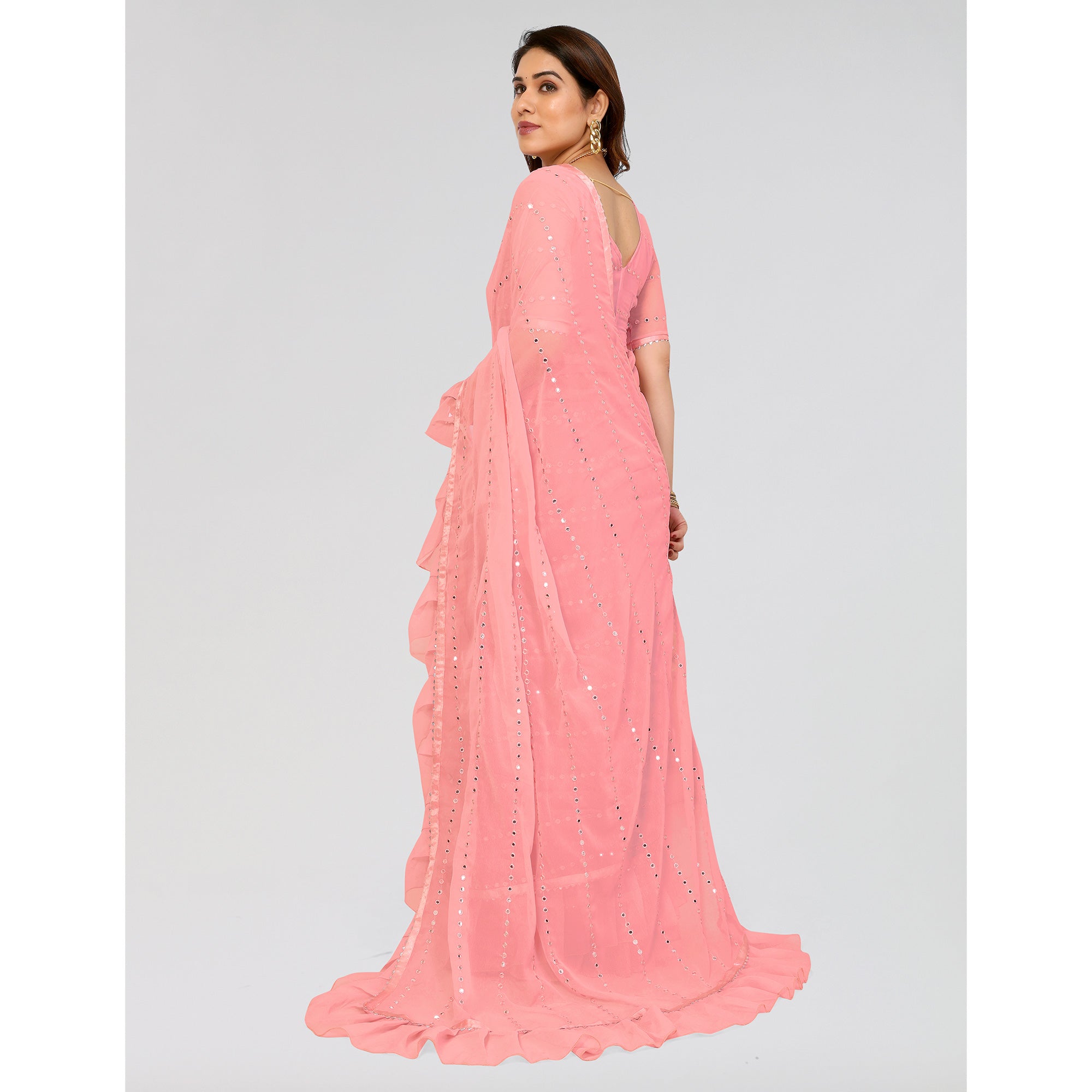 Peachmode Light Pink Embroidered Georgette Ruffle Saree - view 6