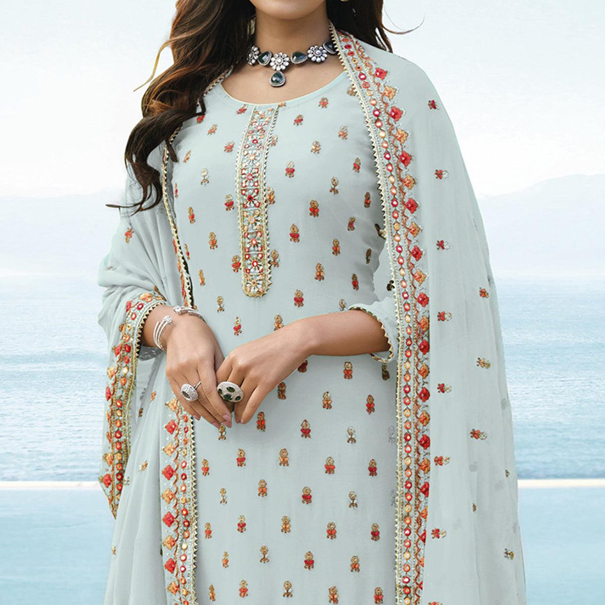 Peachmode Light Blue Embroidered Georgette Palazzo Suit - view 3