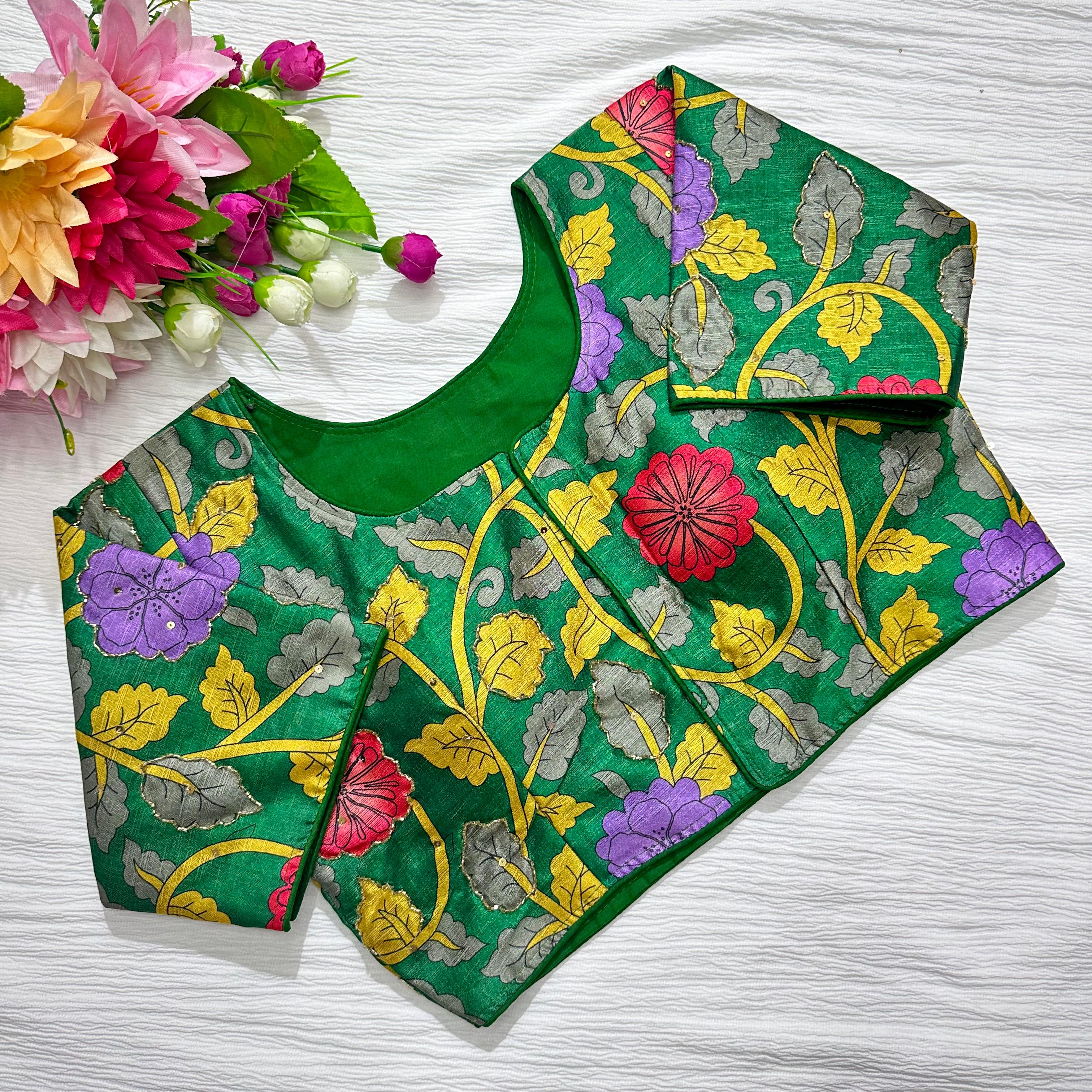 ClothsVilla Green Pure Silk Blouse with Antique Handcrafted Detailing