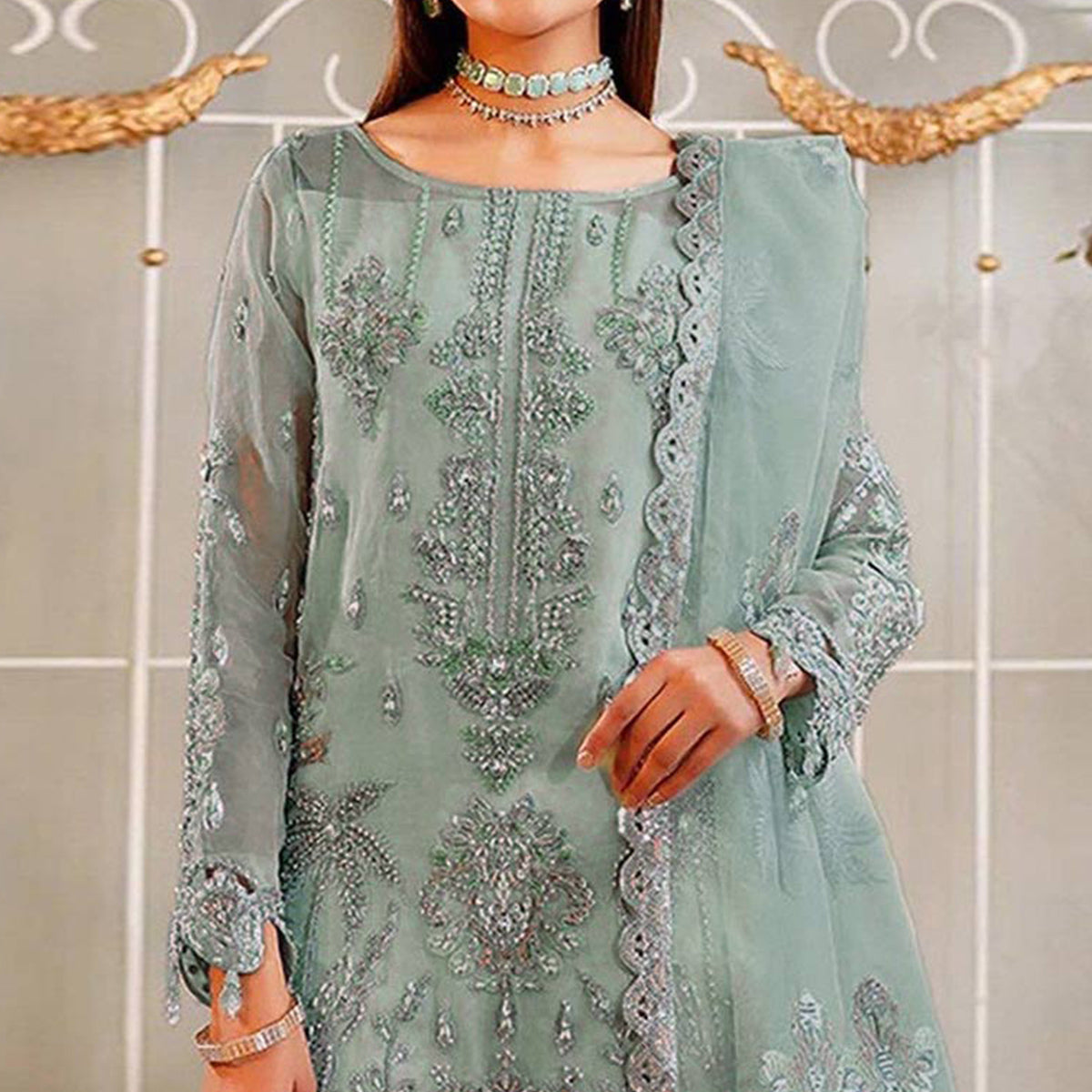 Peachmode Dusty Green Floral Sequins Embroidered Organza Semi Stitched Pakistani Suit - view 3