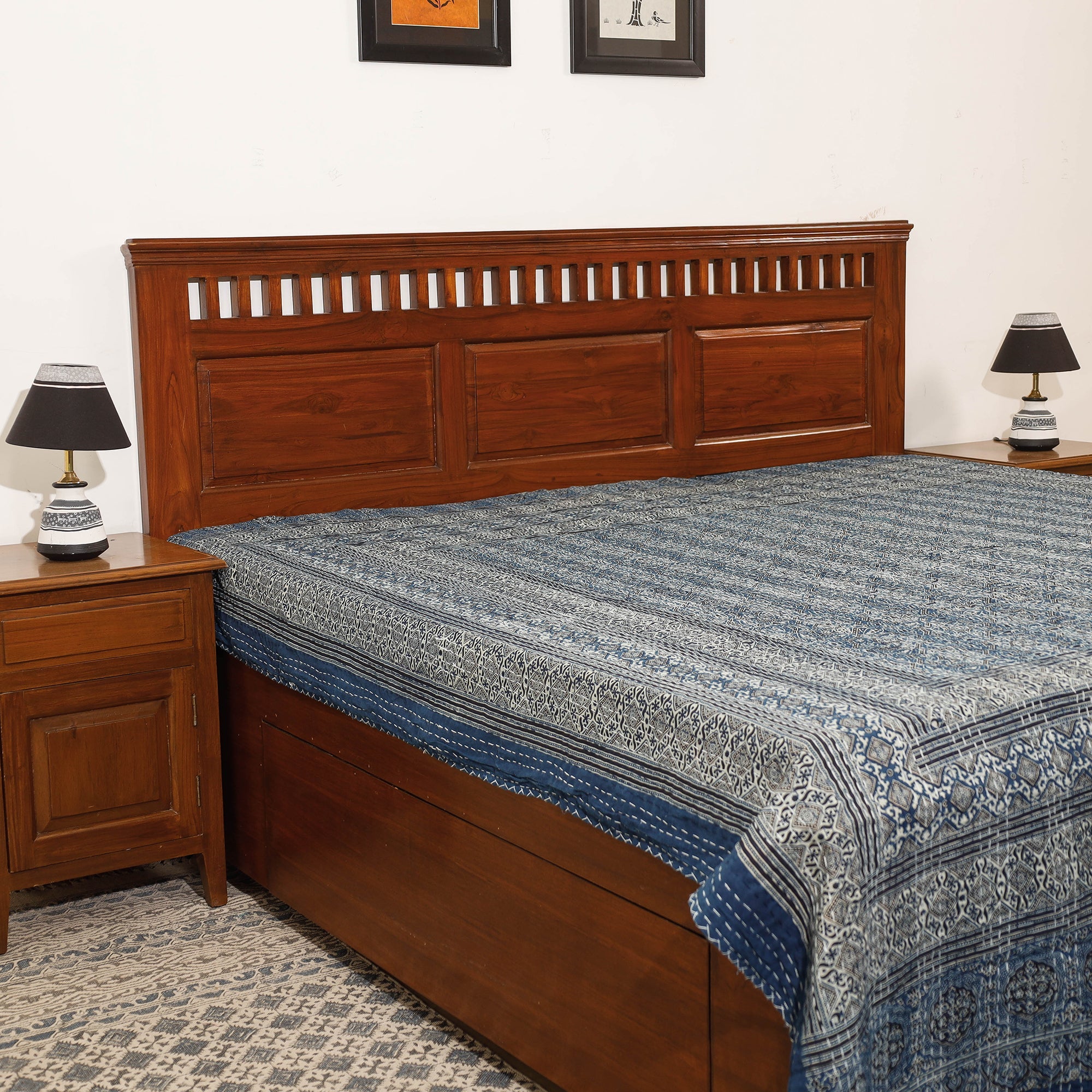 SHADES OF MARUDHARA Blue - Ajrakh Block Printed Kantha Work Cotton Double Bed Cover (105 x 90 in)