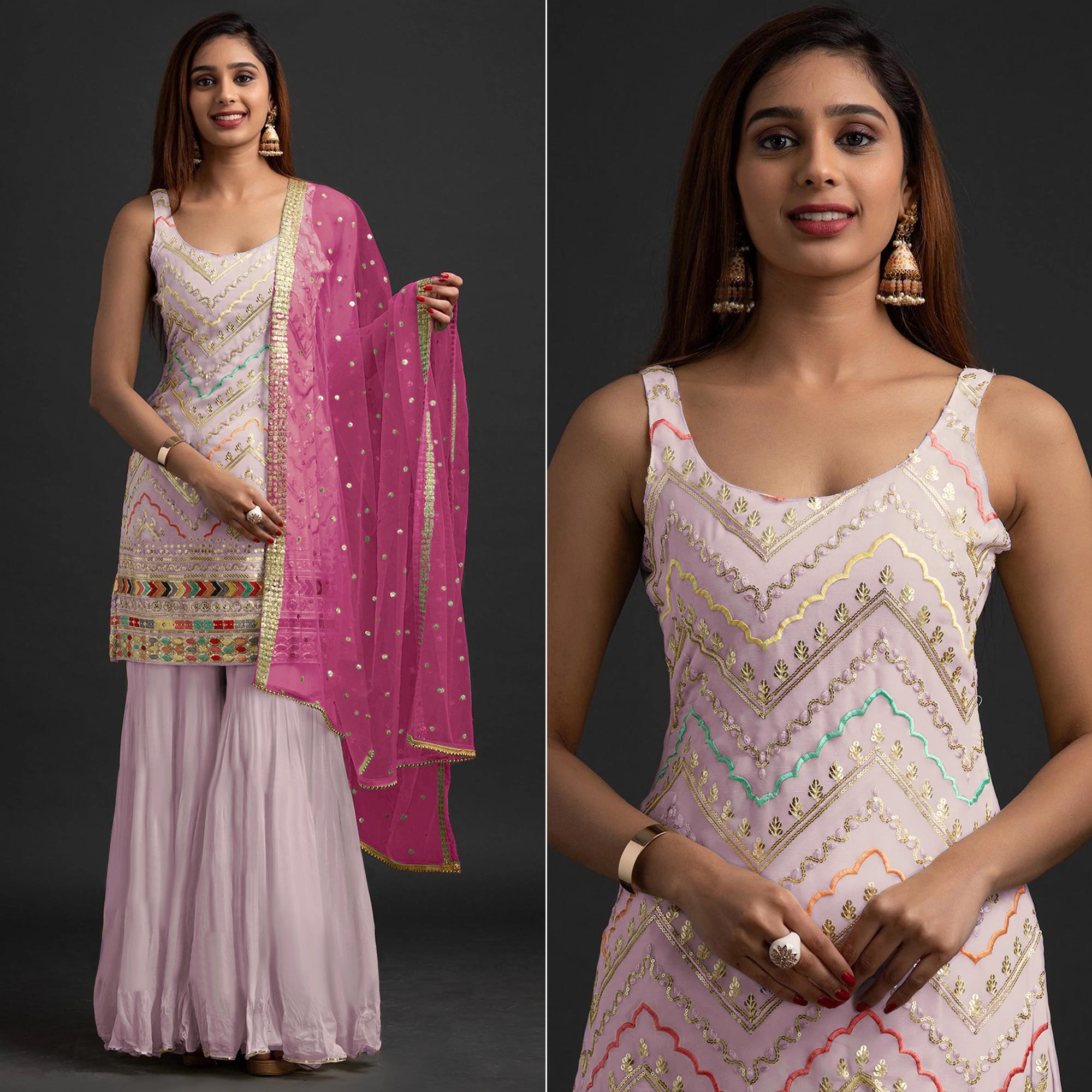 Peachmode Lavender Embroidered Georgette Sharara Suit