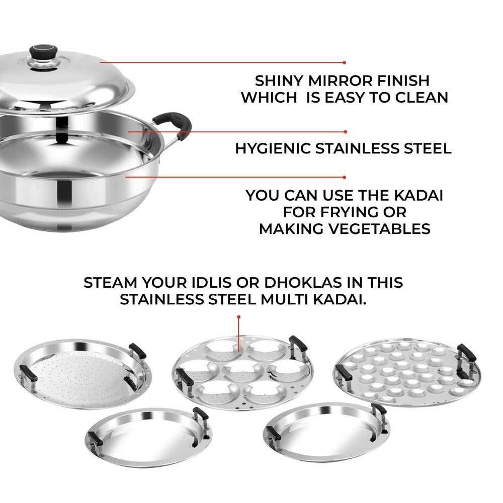 AVIAS All Rounder Multi Kadhai Plus | High Quality And Food-Grade Stainless Steel | Gas & Induction Compatible | Idli with Dhokla Plates - view 7