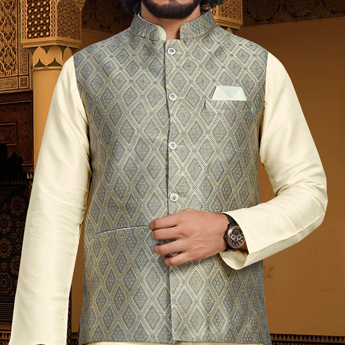 Peachmode Seller Cream Grey Woven Art Silk Kurta Pyjama Set With Jacket - view 3