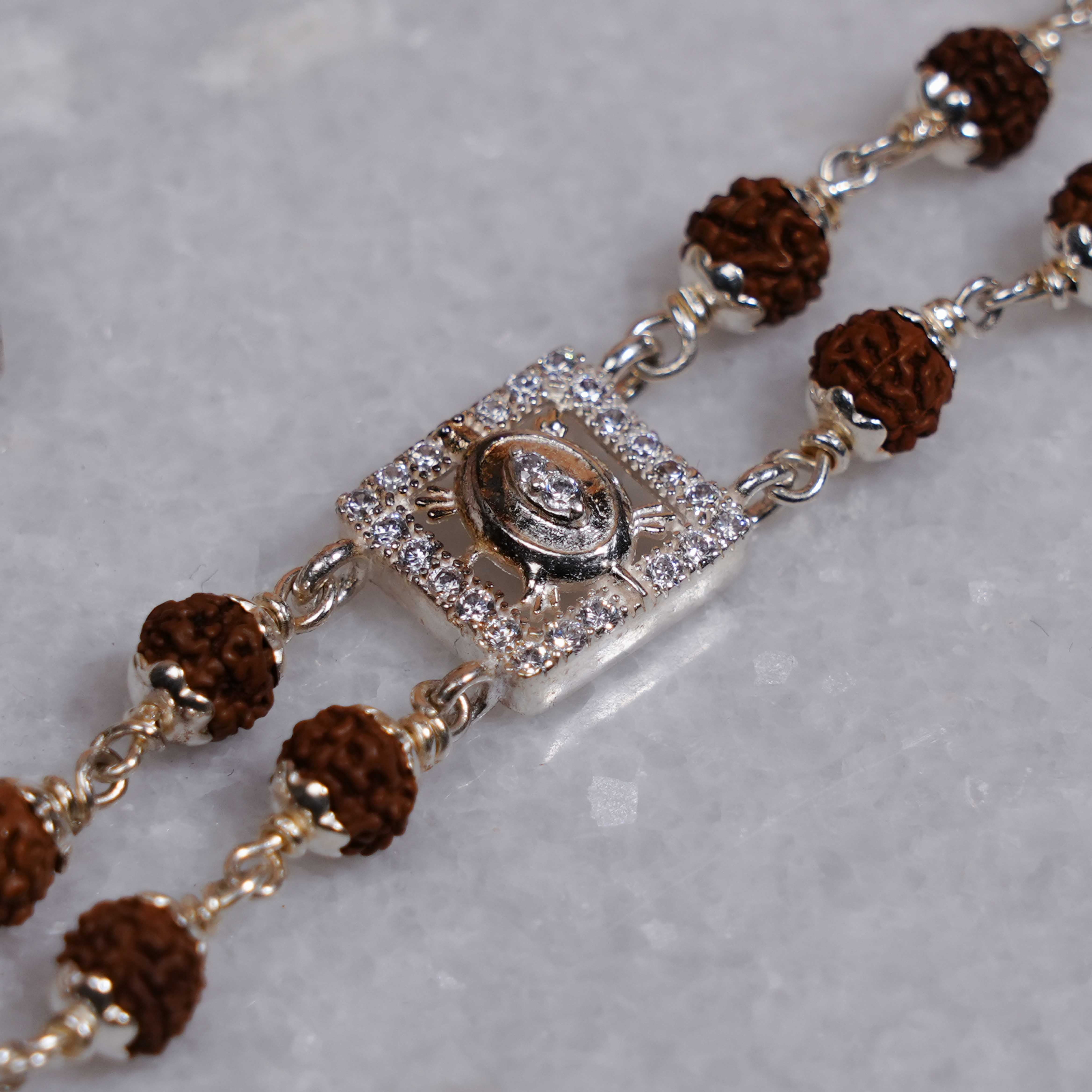 Prinjal Jewellers Rudraksha Silver Tortoise Symbol double line Bracelet