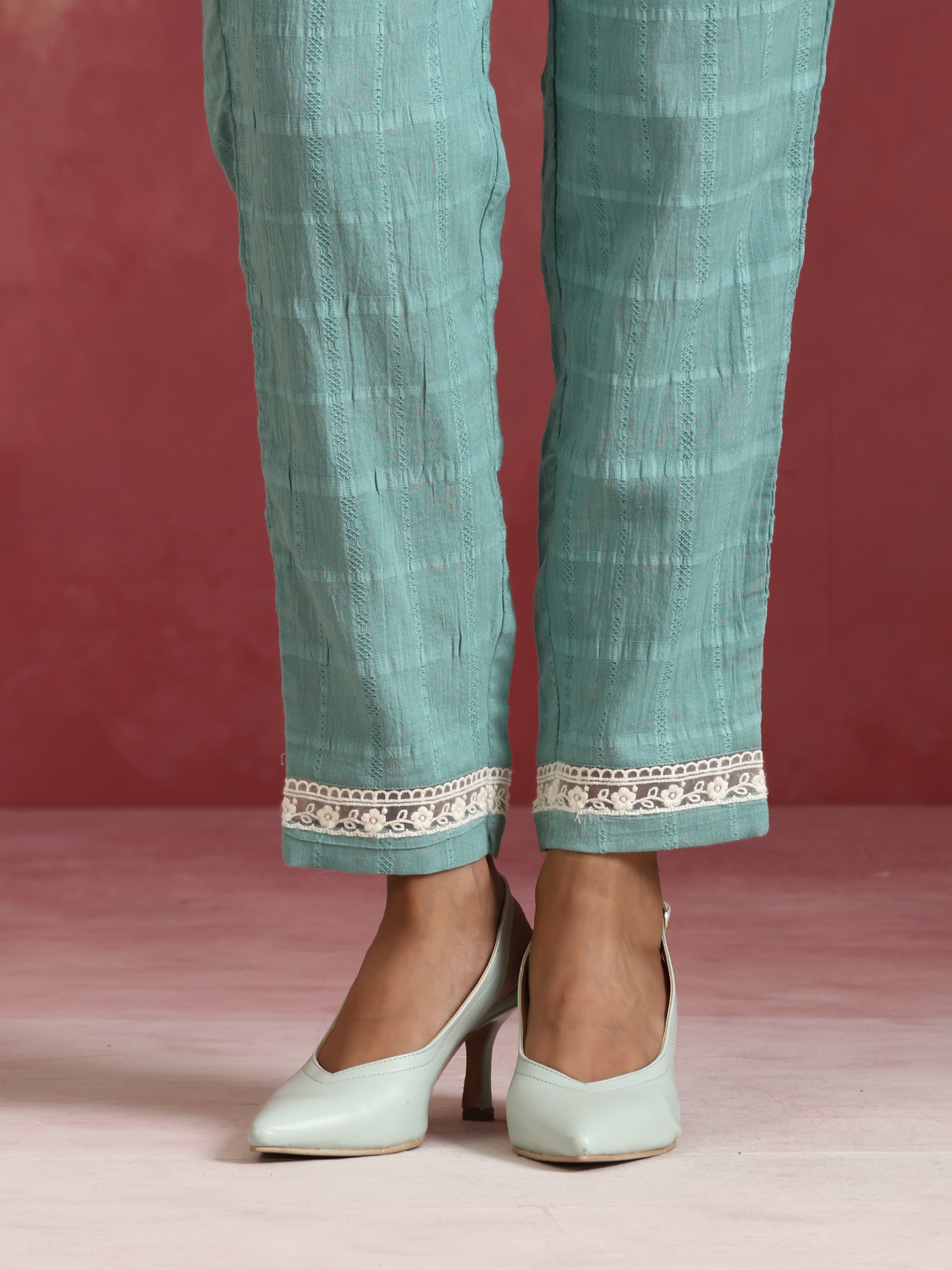 trueBrowns Aqua Blue Cotton Dobby High low Kurta Set - view 9