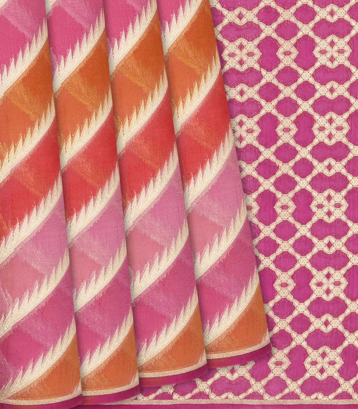 RmKV Pink Handwoven Banarasi Rangkat Organza Silk Saree With Diagonal Stripes-Pink