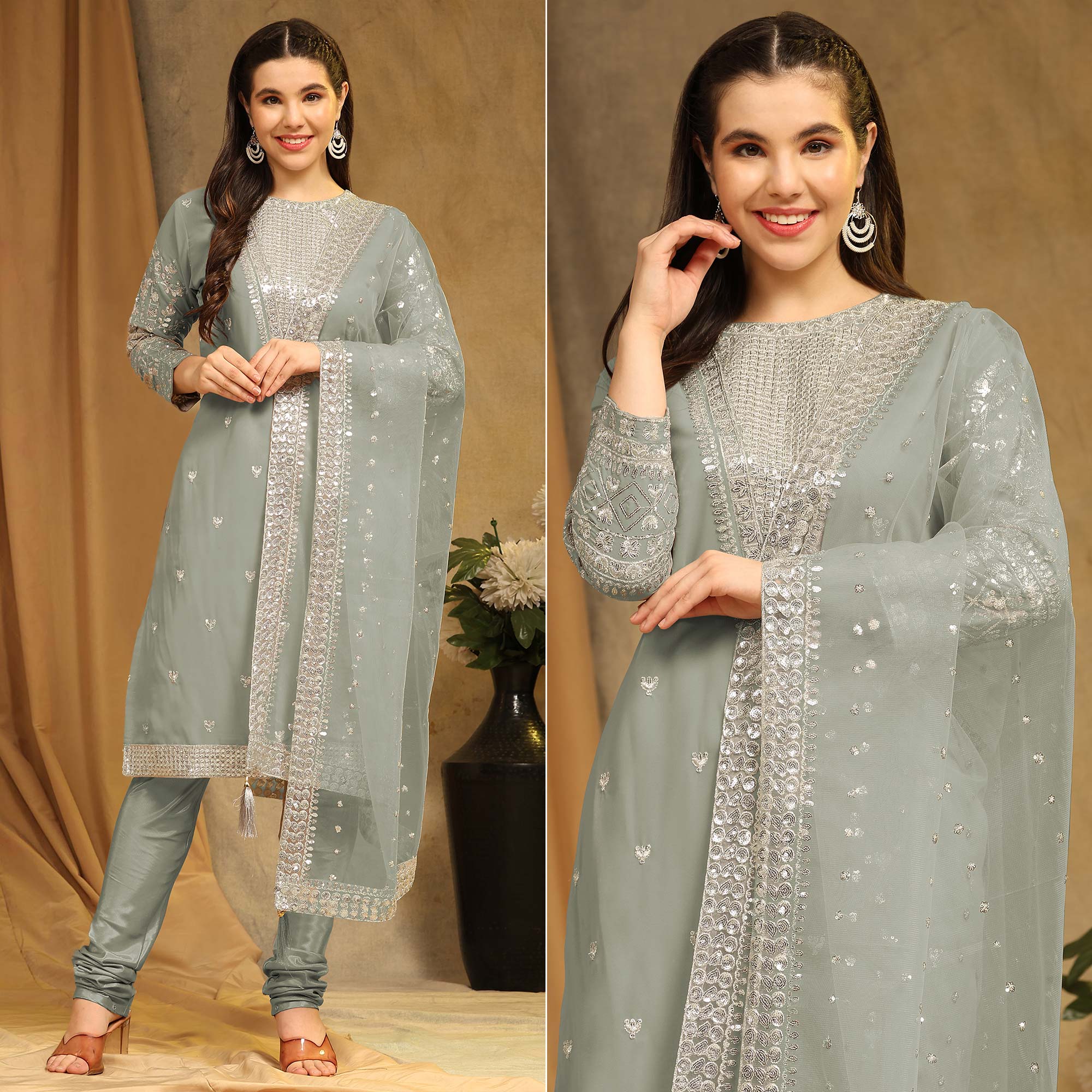 Peachmode Dusty Green Sequins Embroidered Georgette Semi Stitched Salwar Suit