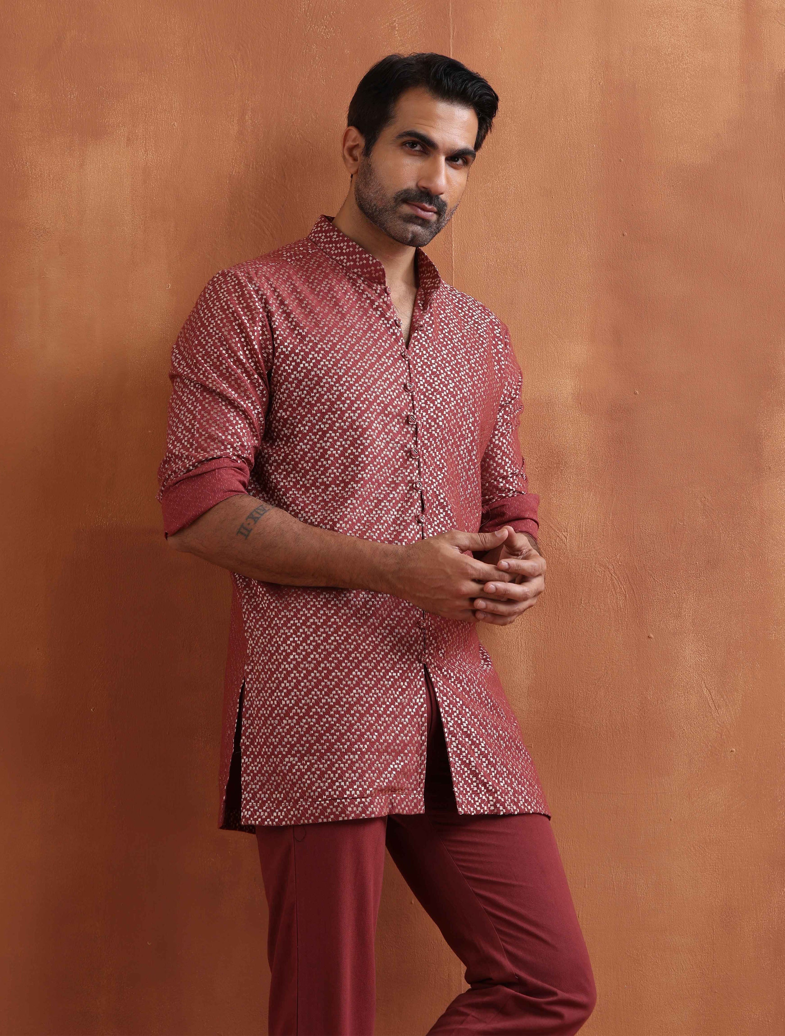 trueBrowns Men's Rust Cotton Dobby Short Kurta - view 2