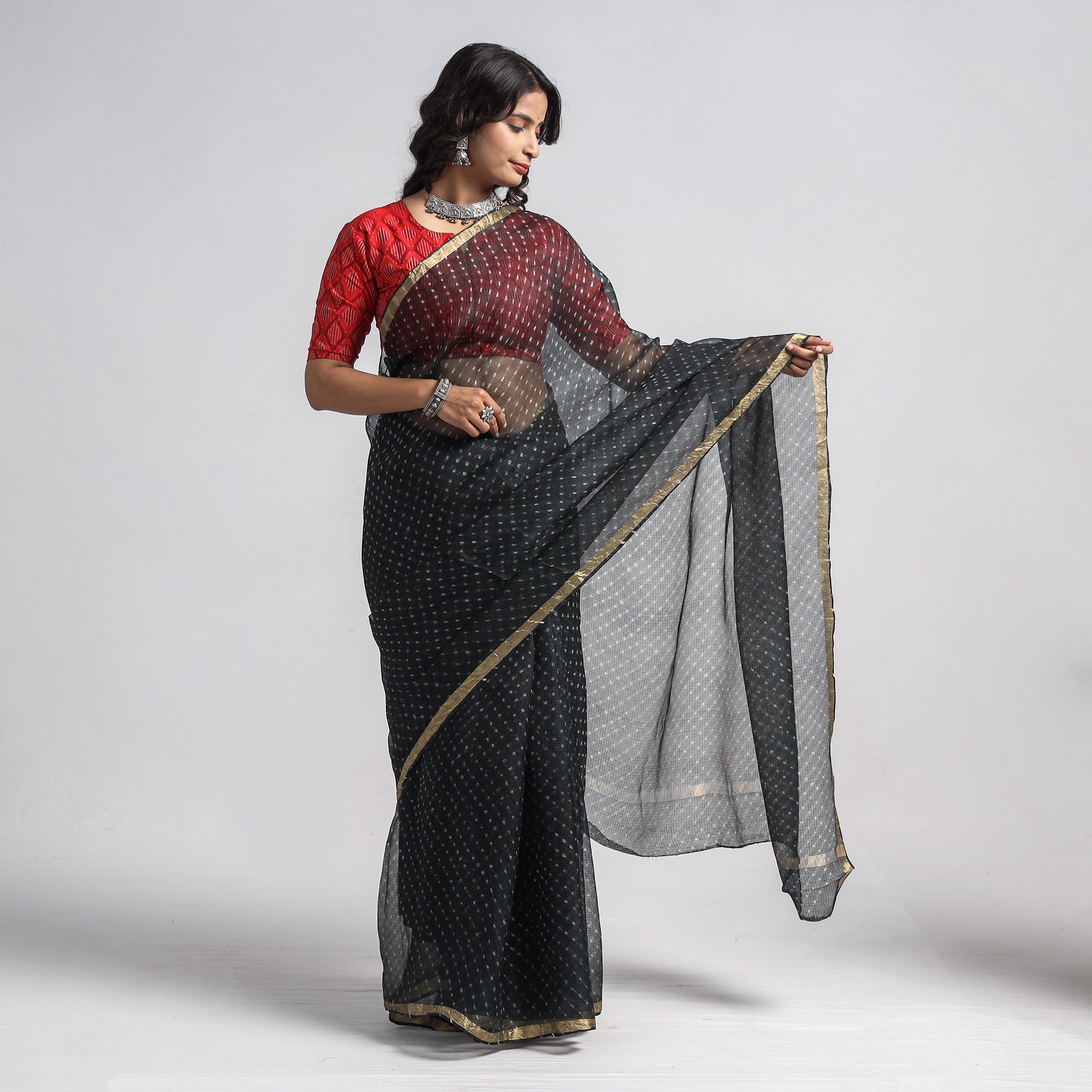 LEHARIYA BY BADSHAH MIYAN Black - Leheriya Tie-Dye Mothra Kota Doria Silk Saree - view 2