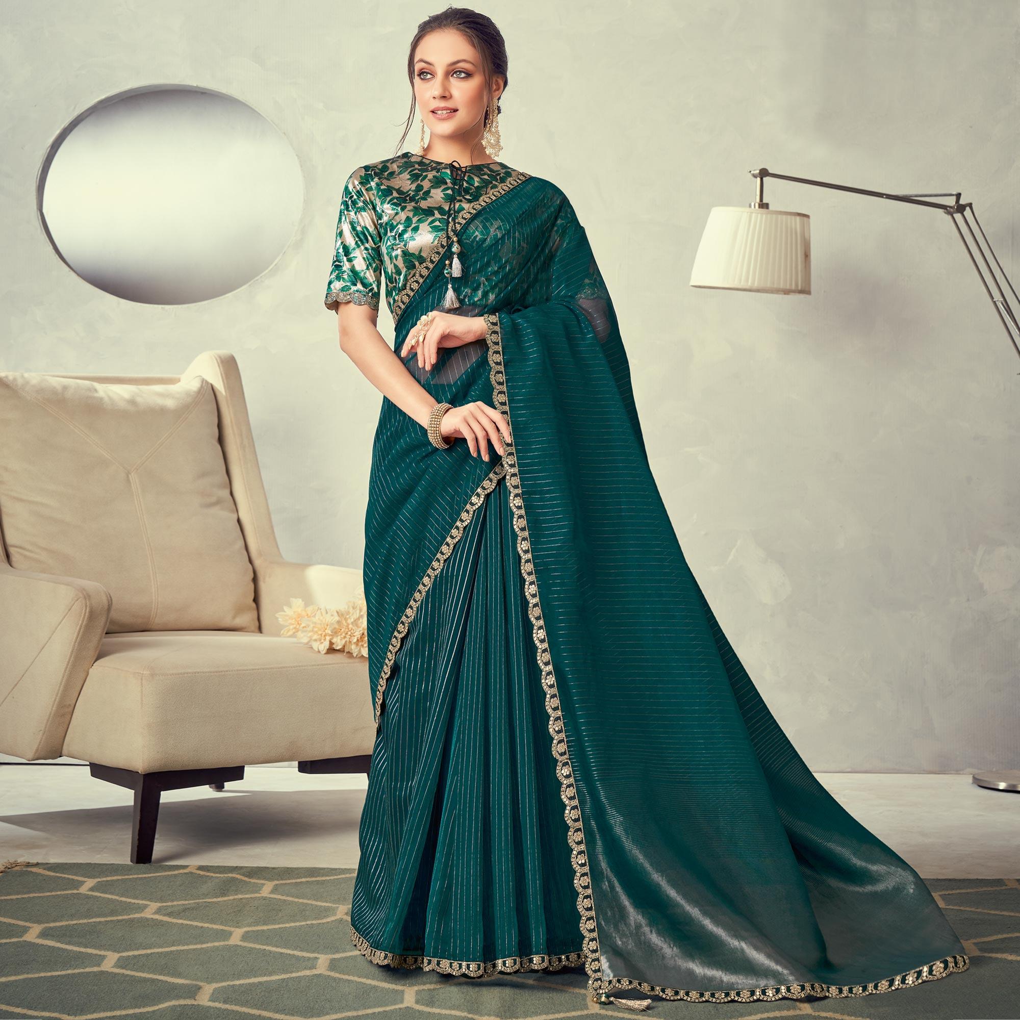Peachmode Dark Green Festive Wear Lace Border Weaved Organza Saree