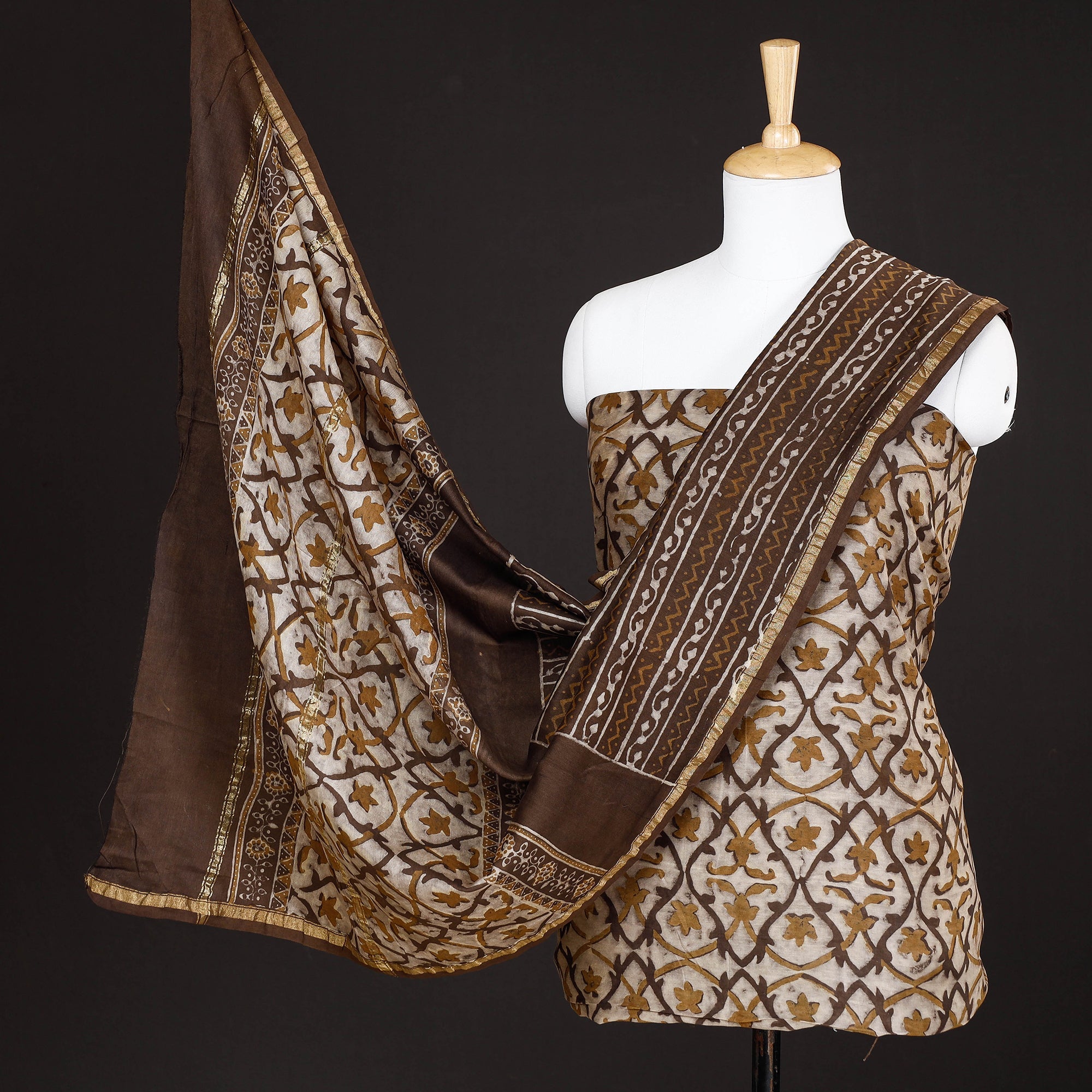 HAVELI CHRONICLES Brown - 3pc Akola Block Printed Chanderi Silk Suit Material Set