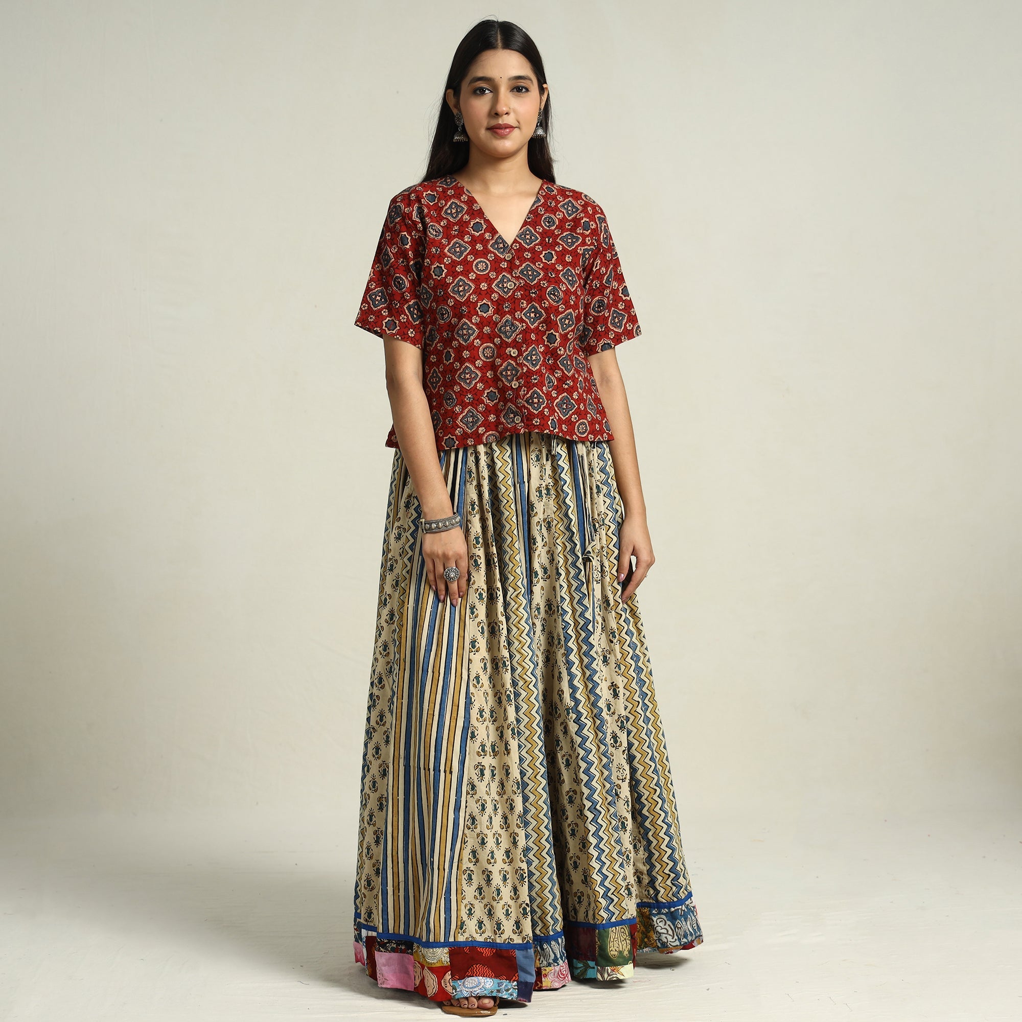 NOORI BAZAR Beige - Ajrakh Block Printed 24 Kali Patchwork Cotton Long Skirt 36