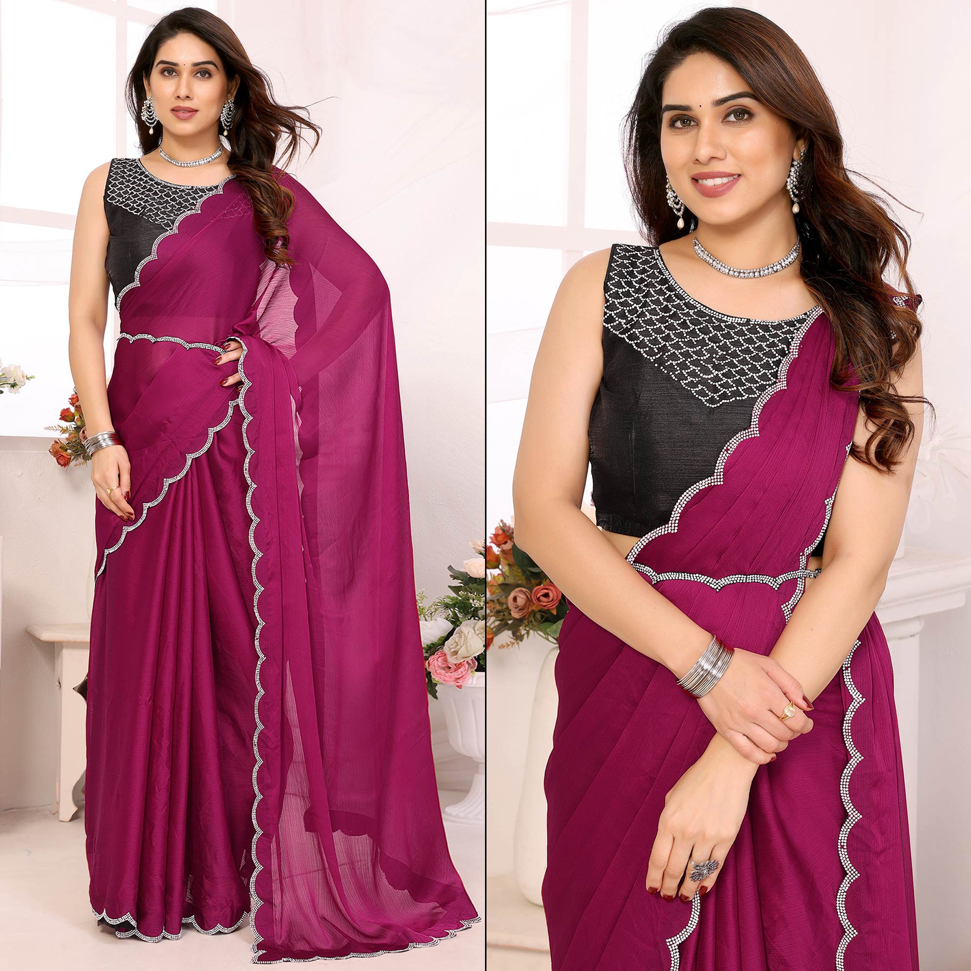 Peachmode Magenta Solid Chiffon Saree With Stone Work Border
