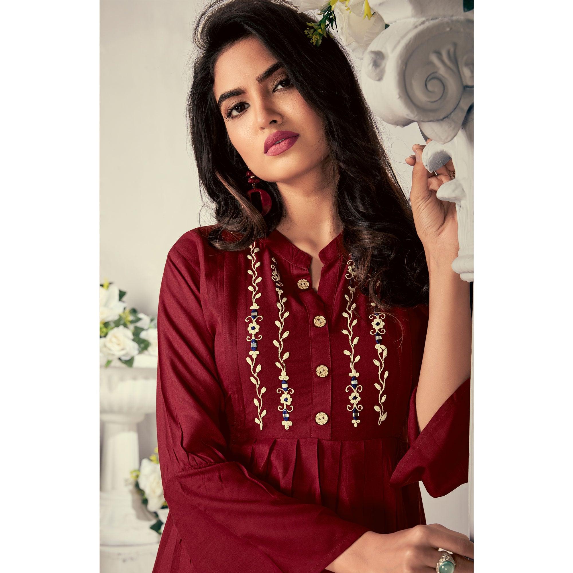 Peachmode Seller Maroon Casual Wear Embroidered Rayon Maternity Kurti - view 2