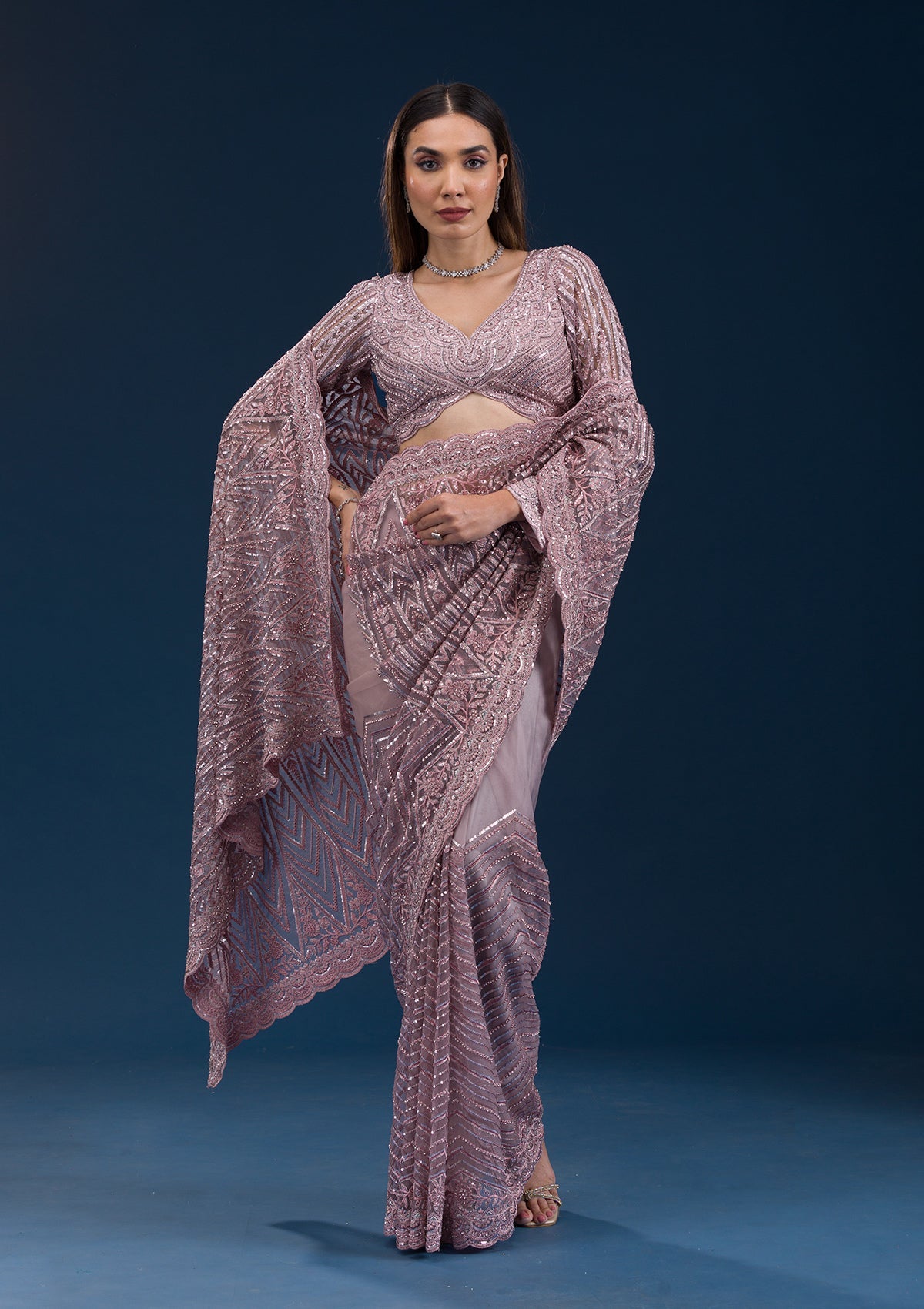 Koskii Onion Pink Sequins Net Saree – Women's - view 5