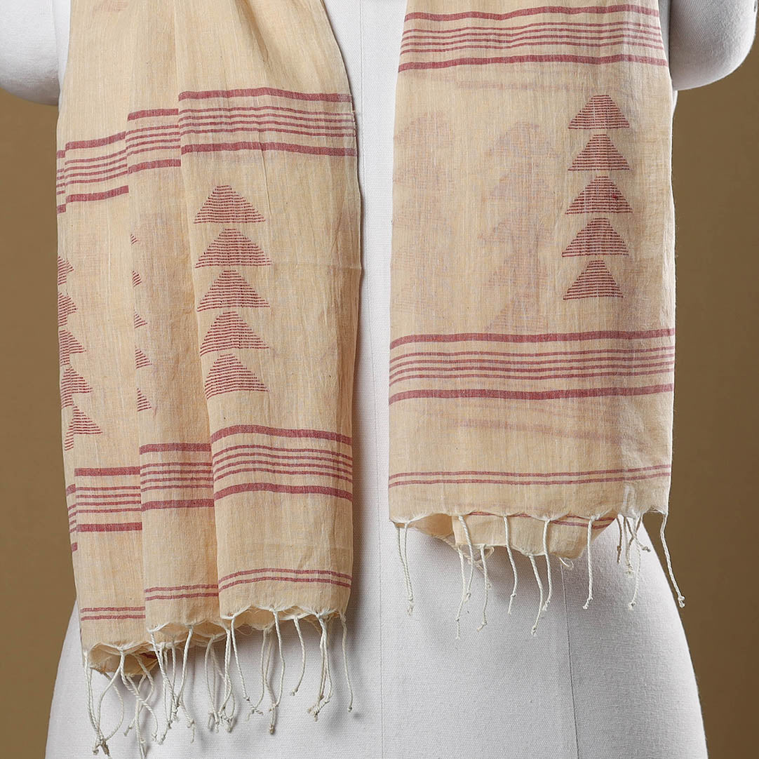 KHUSHBASH - HAPPY LOOM OF EAST Beige - Burdwan Jamdani Buti Handloom Cotton Stole with Tassels - view 2