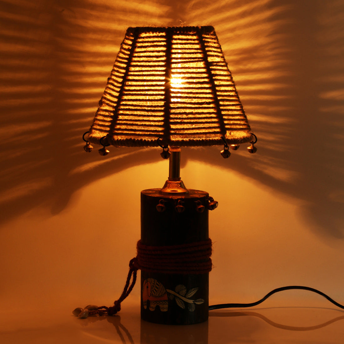 EXCLUSIVELANE 'The Jute-Shade Log' Madhubani Handpainted Table Lamp In Wood - view 2