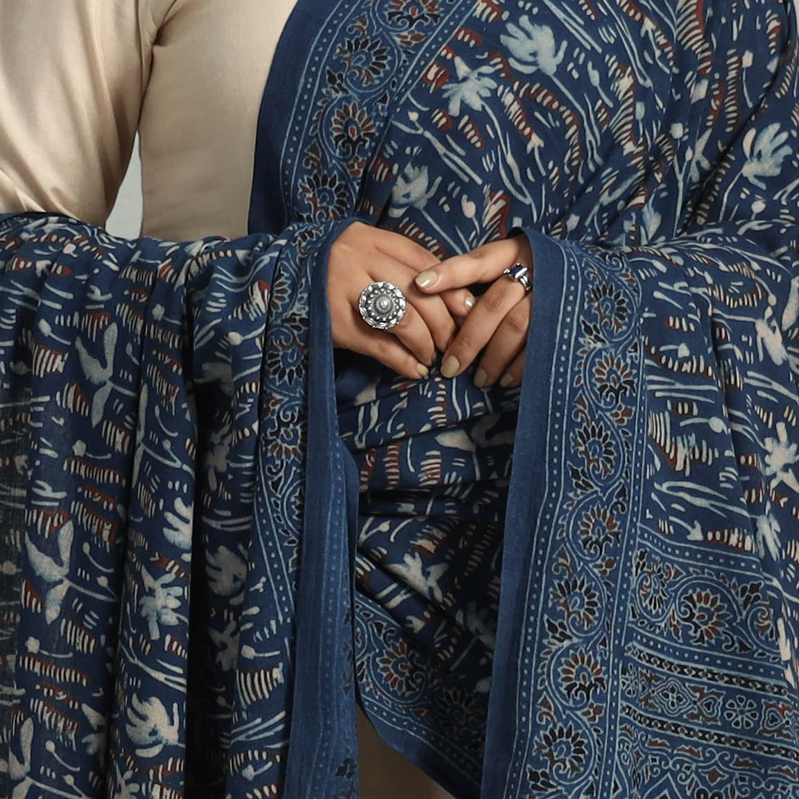 AJRAKH BY JABBAR KHATRI Blue - Block Printed Cotton Ajrakh Dupatta 03 - view 4