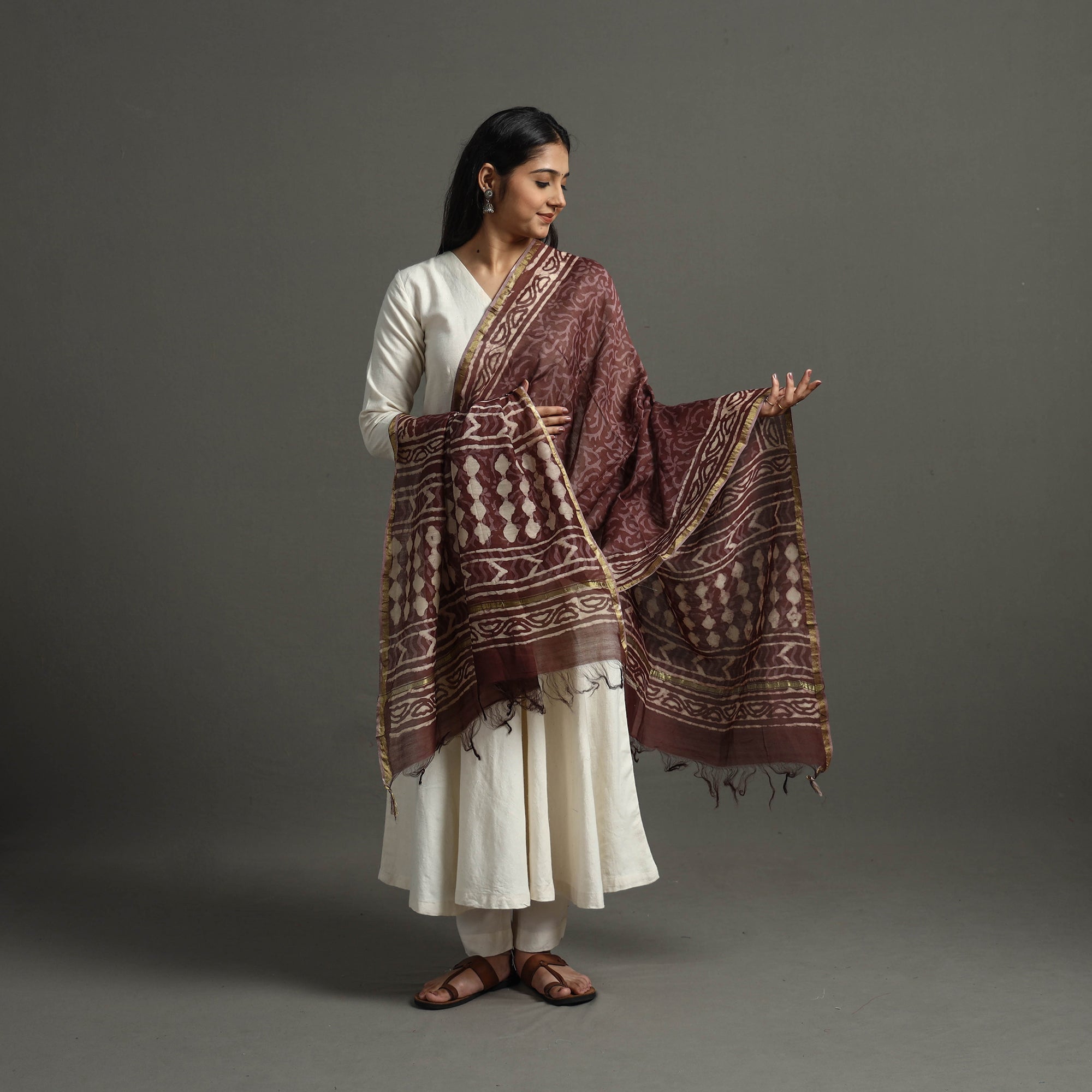 BAGRU DABU PRINTS Brown - Block Printed Chanderi Silk Bagru Dupatta 67 - view 2
