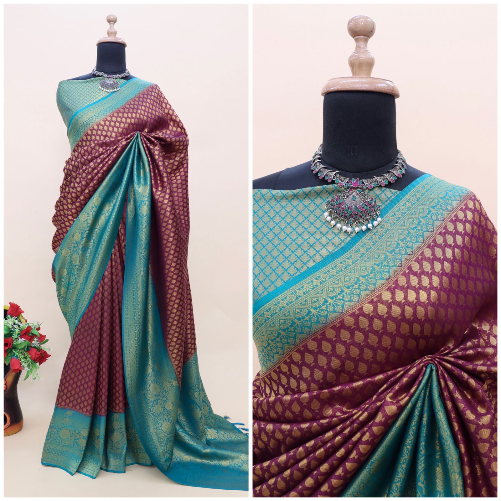 ClothsVilla Purple and Sky Blue Kuber Soft Silk Saree with Exquisite Golden Jari Work & Matching Blouse