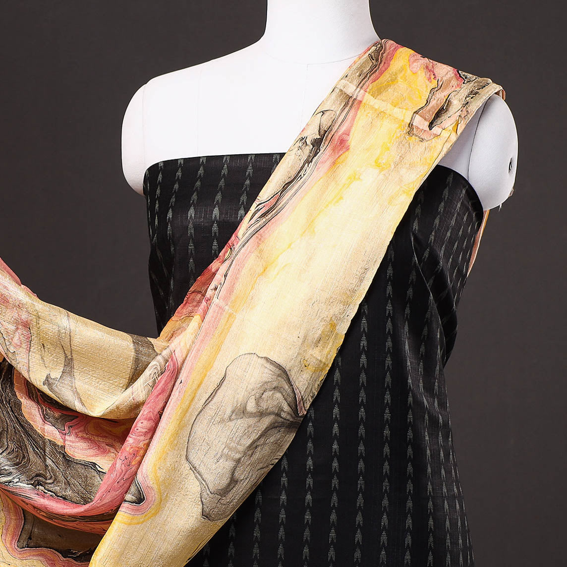 RUISA Black - 3pc Handloom Mulberry Suit Material Set with Banana Silk Marble Printed Dupatta - view 3