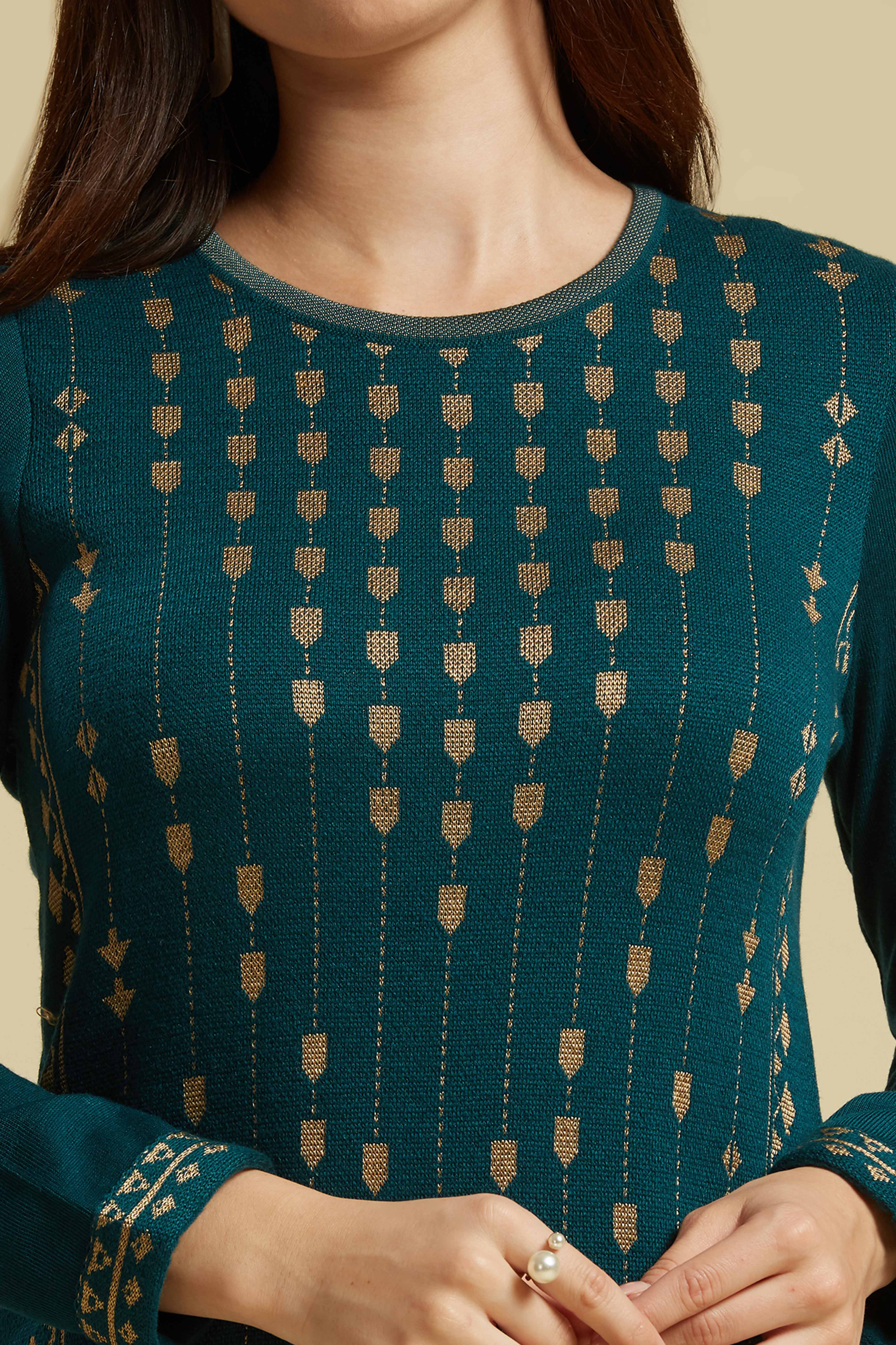 Peachmode Dark Teal Floral Woolen Top Bottom Set - view 2