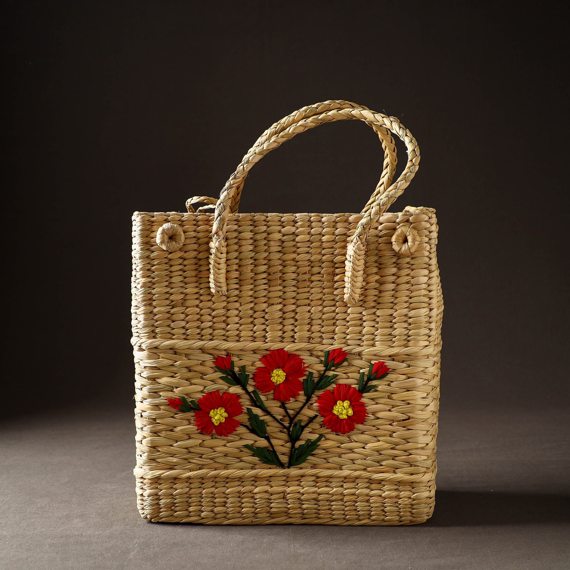 ITOKRI CRAFTS INITIATIVE Beige - Handcrafted Natural Water Reed Embroidered Shopping Bag