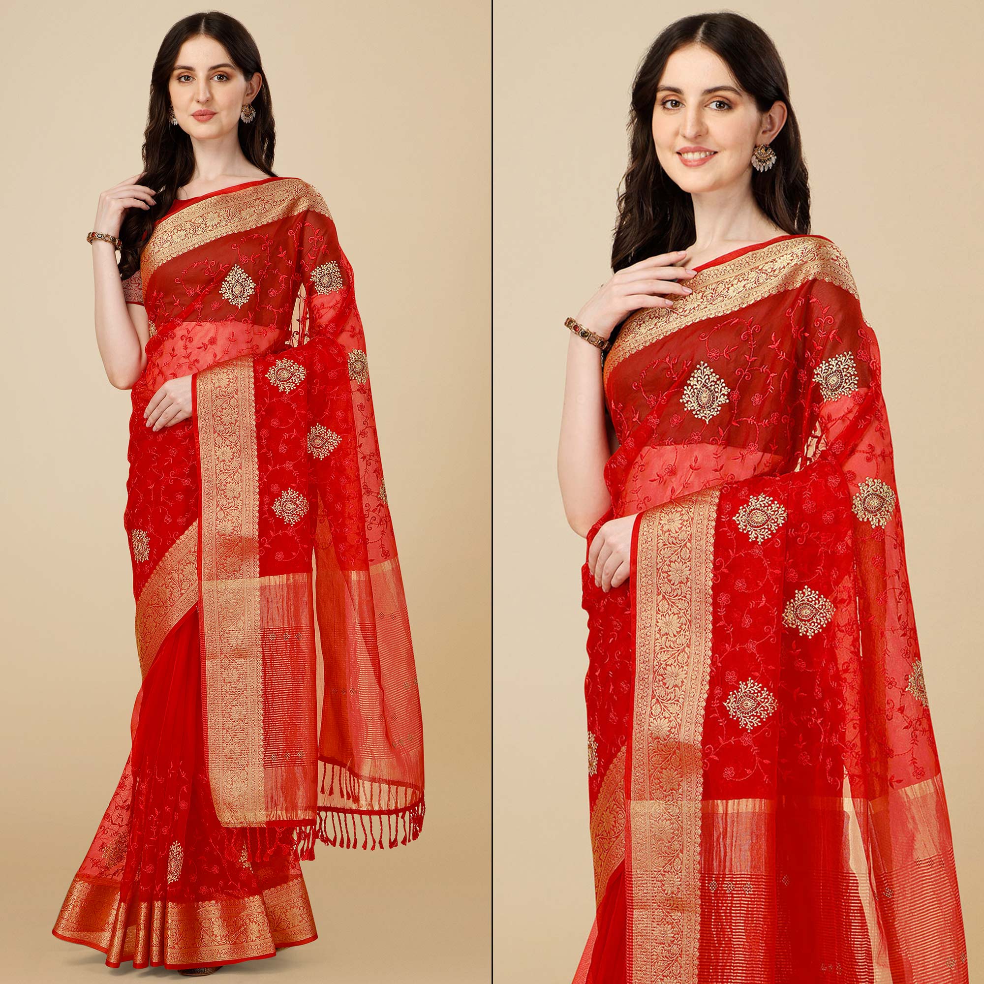 Peachmode Maroon Floral Embroidered Organza Saree