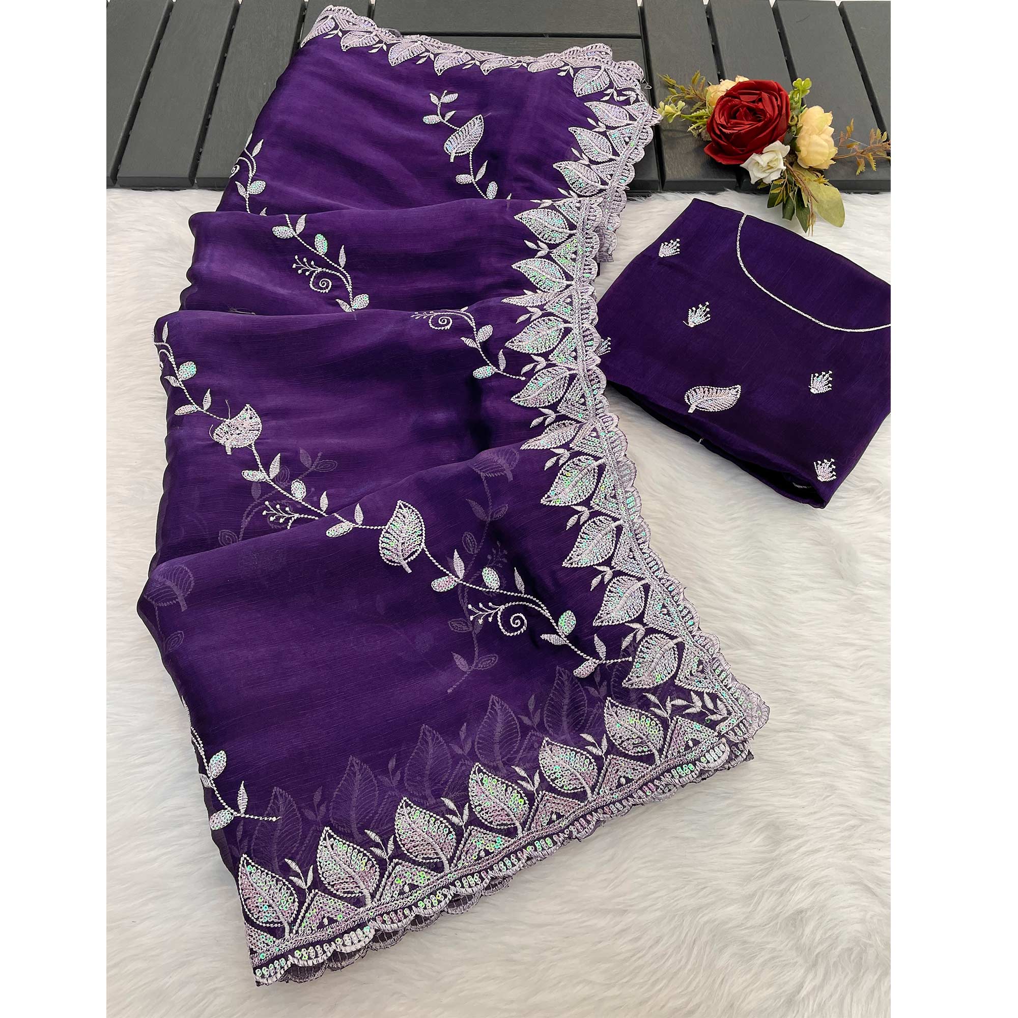 Peachmode Purple Sequins Embroidered Chiffon Saree - view 3