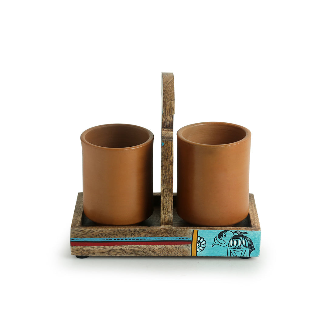 EXCLUSIVELANE 'Earthen Elephant' Handmade Coffee & Tea Glasses Set In Terracotta With Tray (Set of 2, 270 ML) - view 2