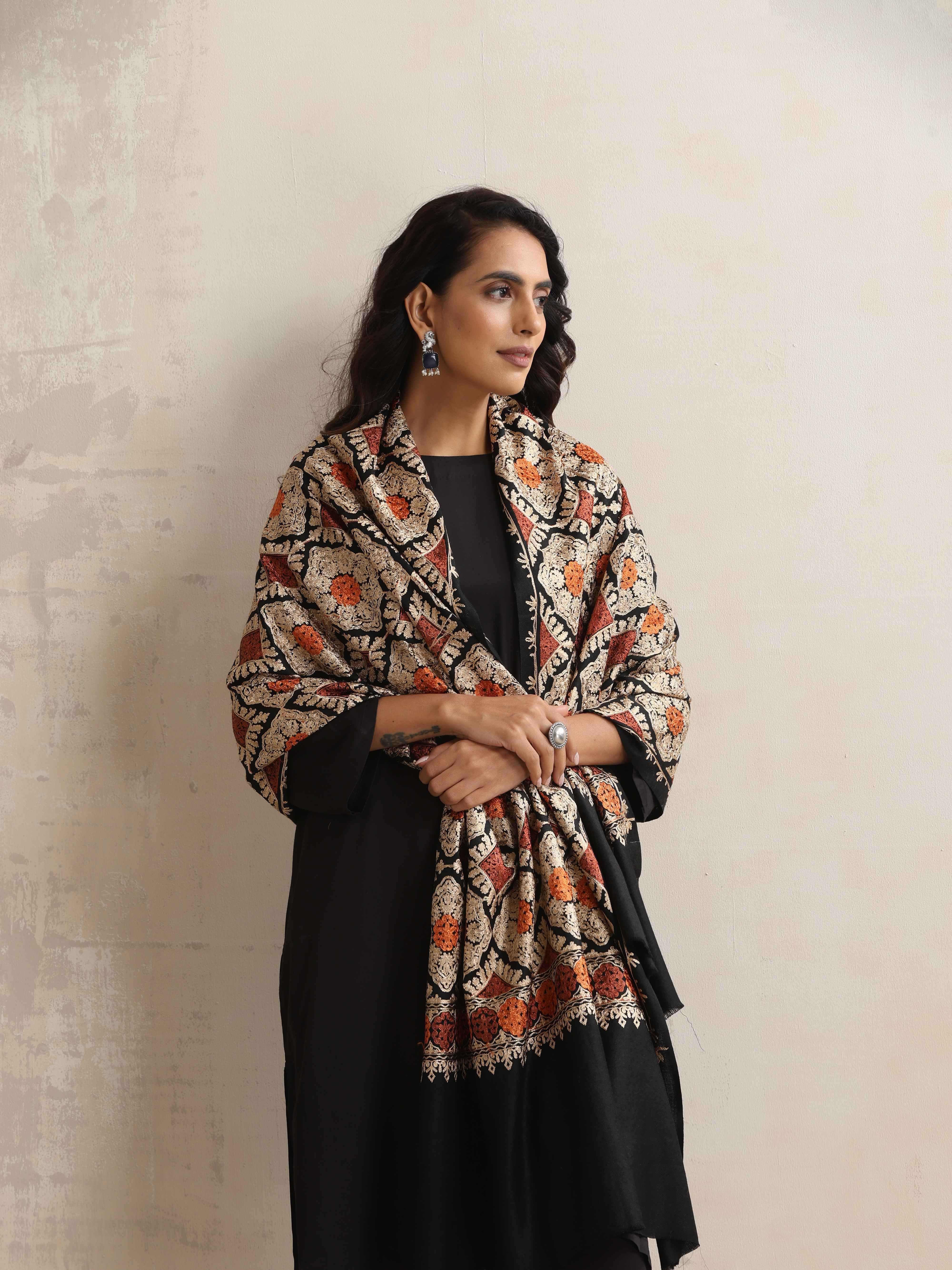 trueBrowns Black Embroidered Woollen Stole - view 3