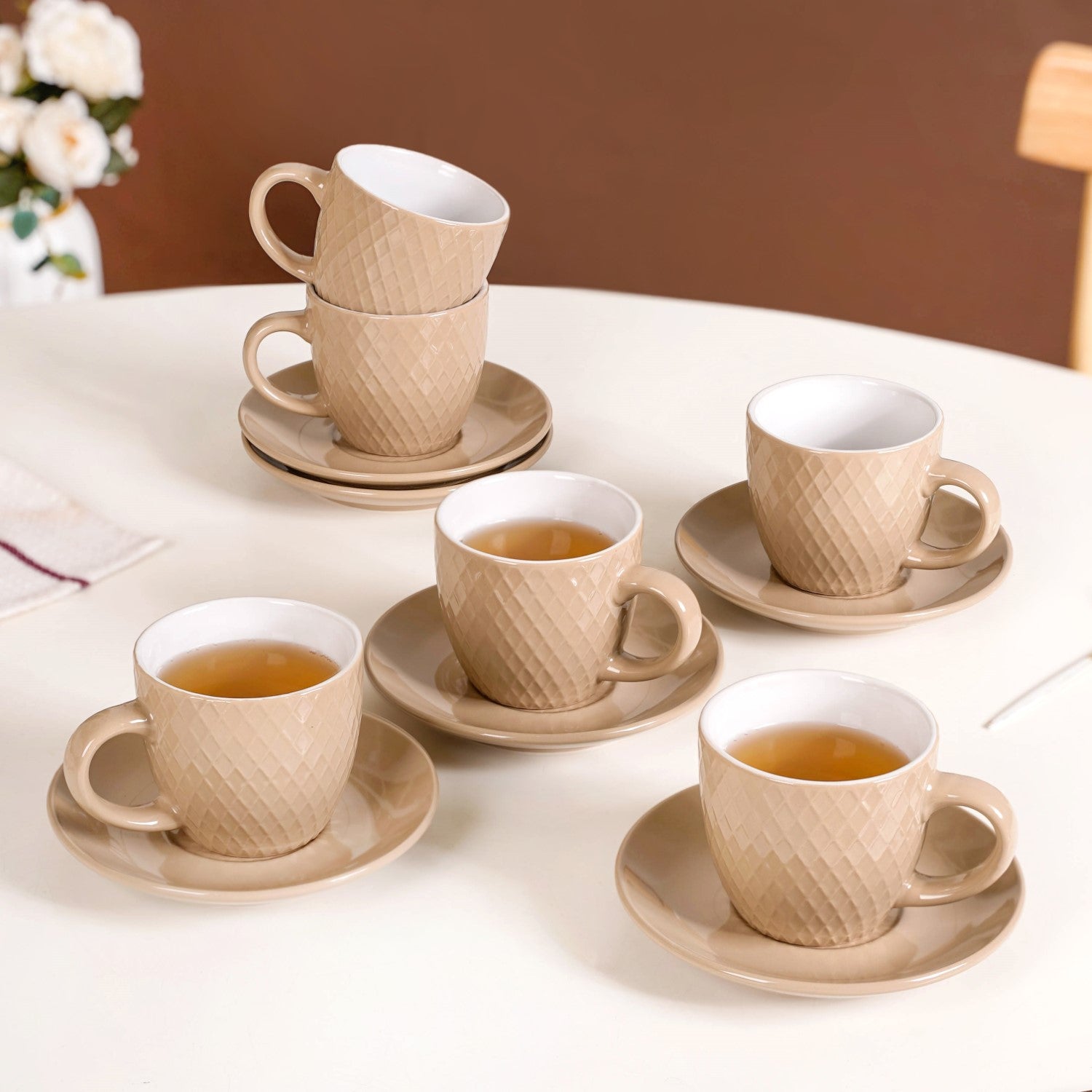 Nestasia Beige Tara Ceramic Cup And Saucer Set Of 6 225ml