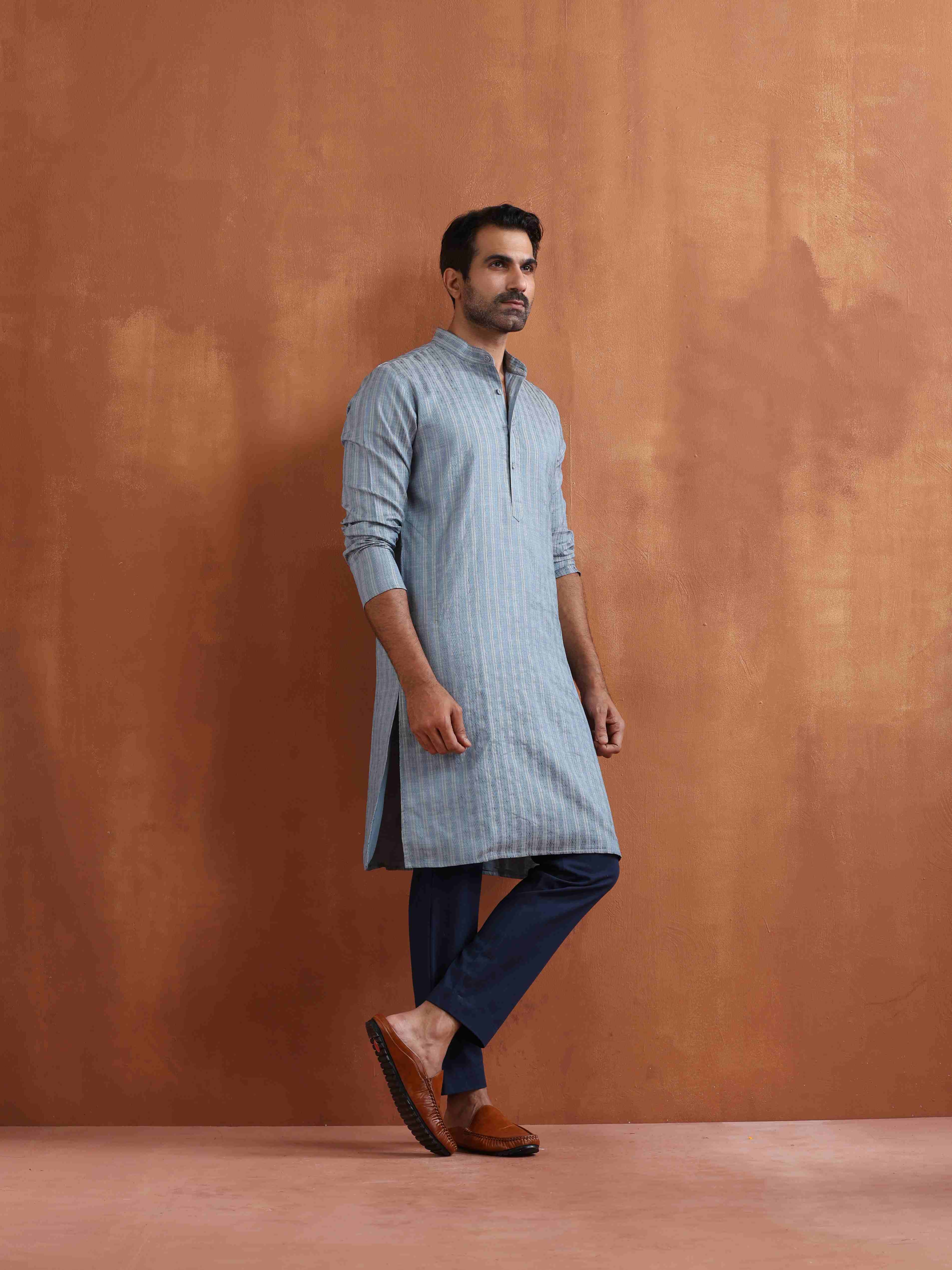 trueBrowns Men's Blue Chanderi Kurta - view 2