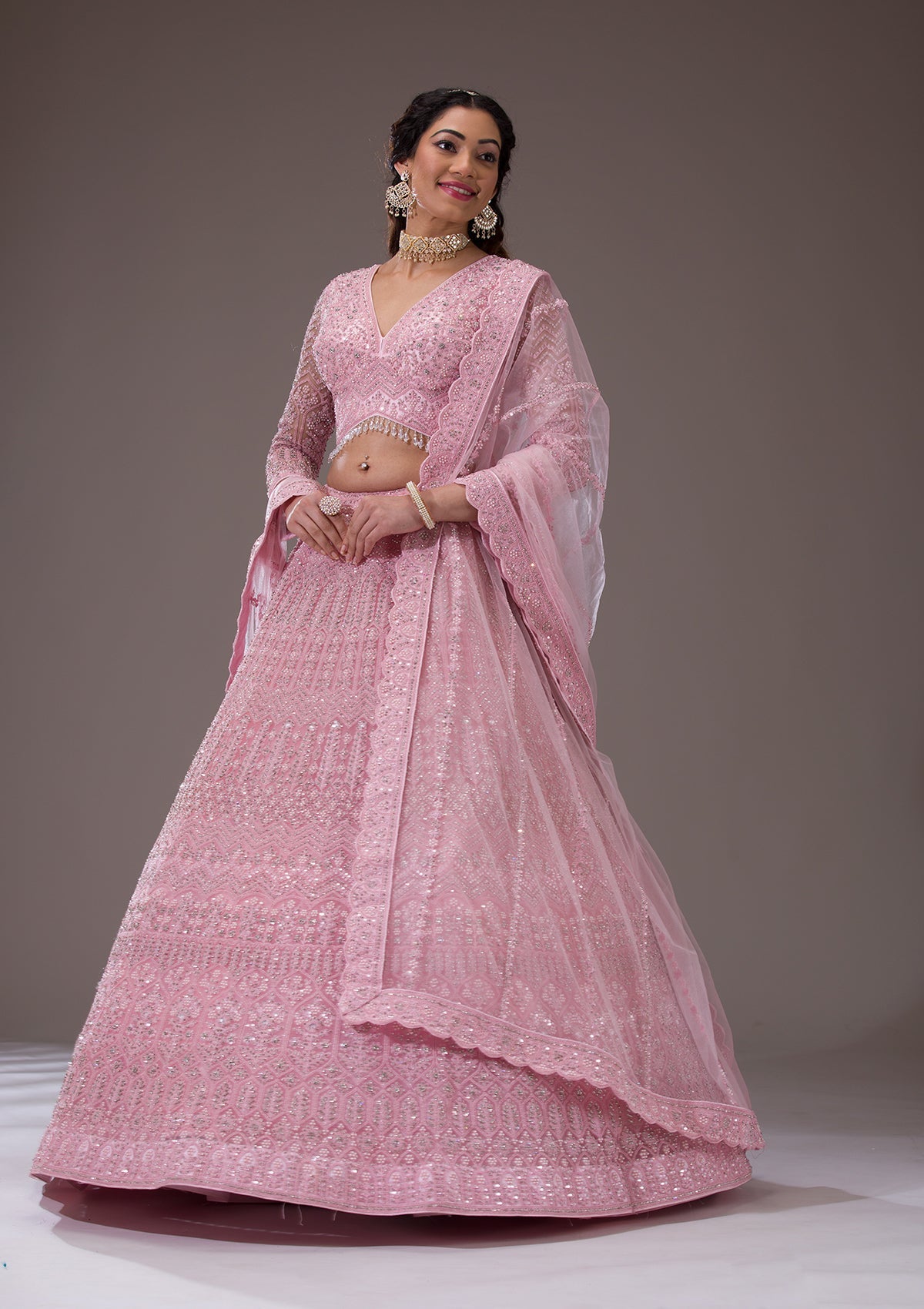 Koskii Baby Pink Silver Stonework Net Readymade Lehenga