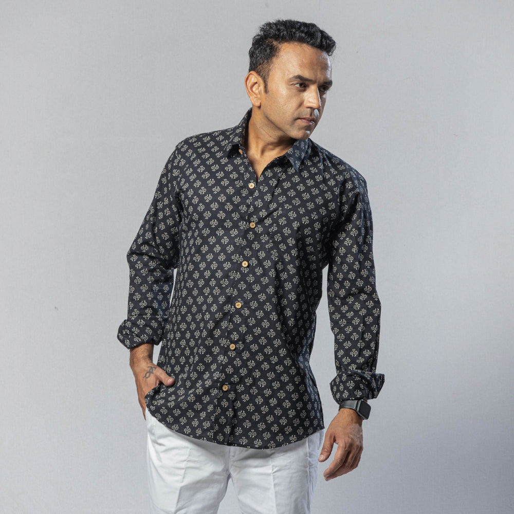 ITOKRI CASUALS Black - Flower Charcoal Black Color - Men Full Sleeve Cotton Block Printed Shirt