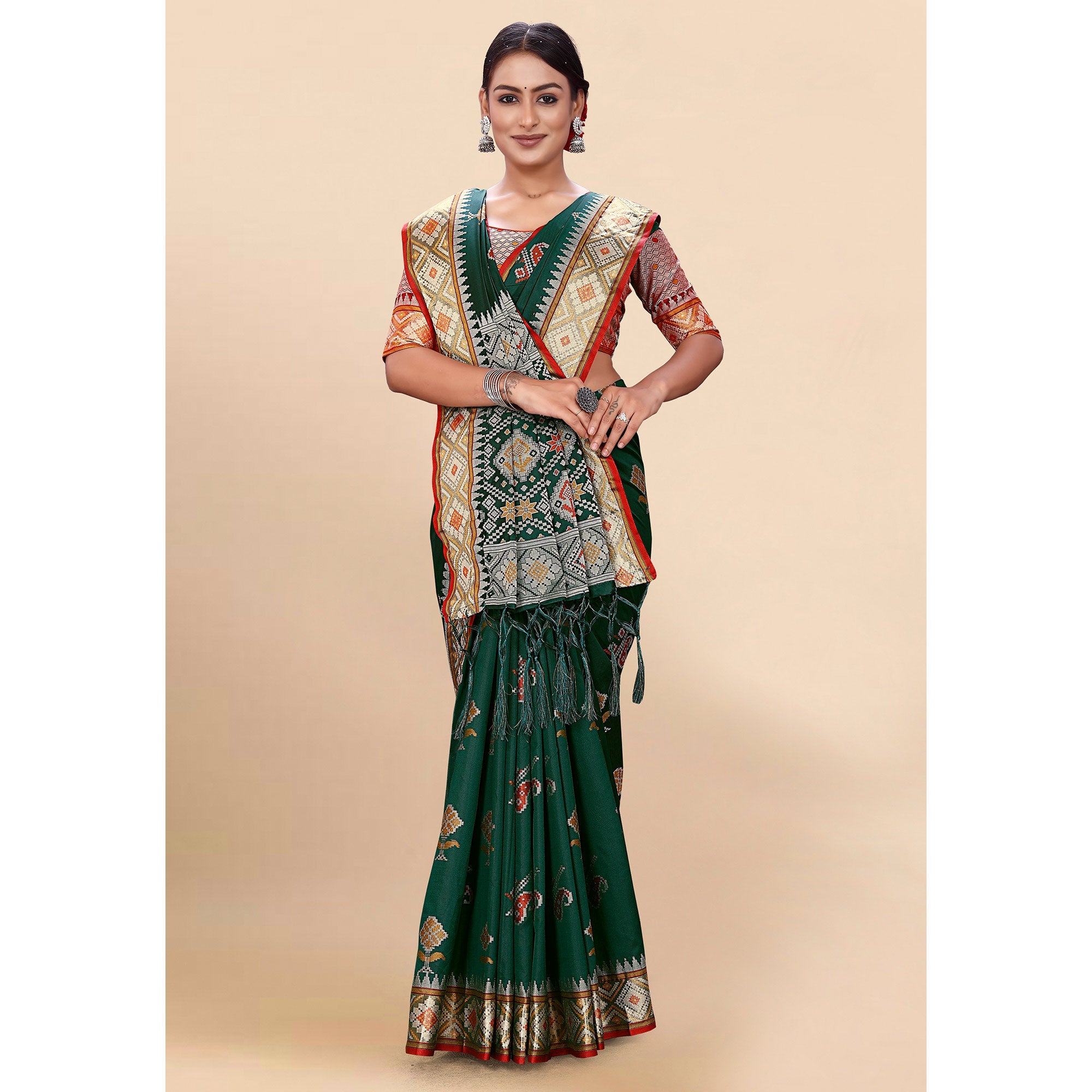 Peachmode Dark Green Woven Patola Art Silk Saree With Tassels - view 5
