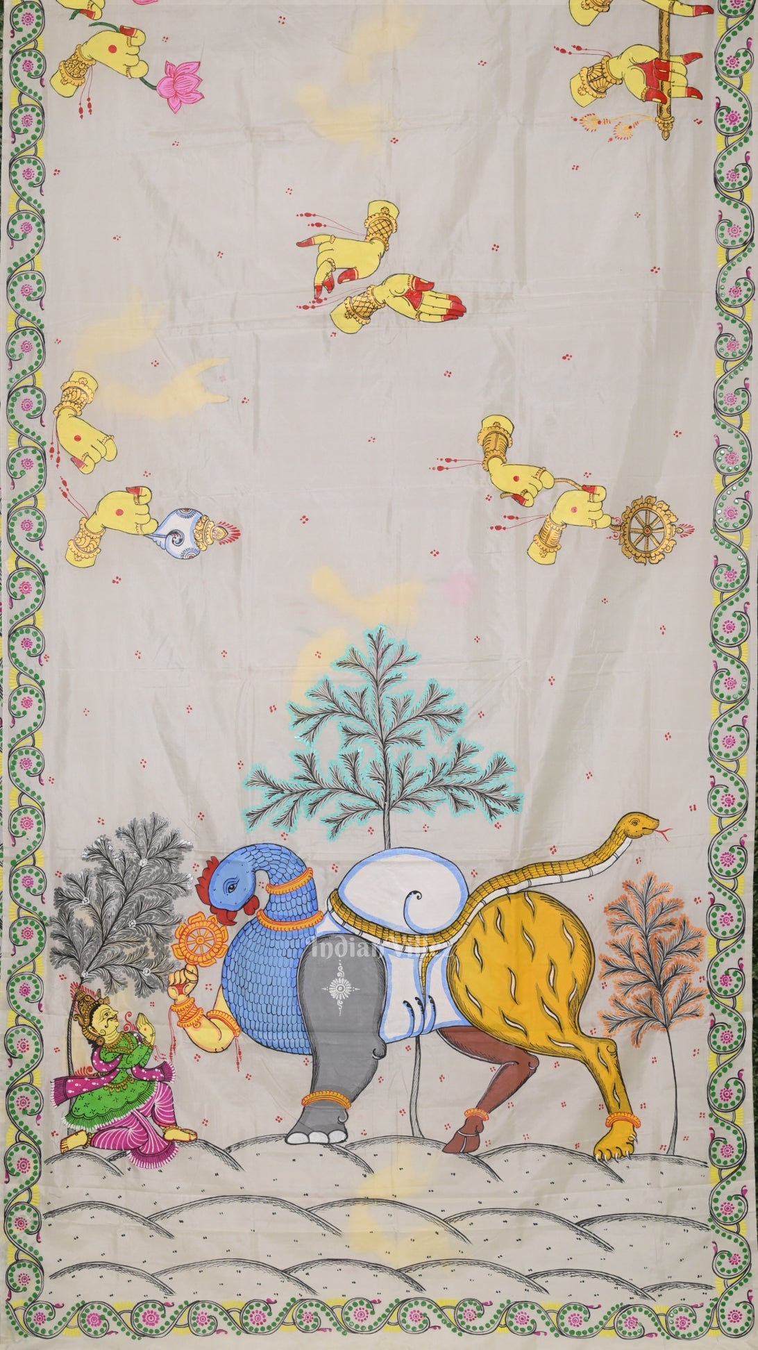 IndianVillèz White Arjuna Bows to Navagunjara Hand-Painted Pattachitra Saree